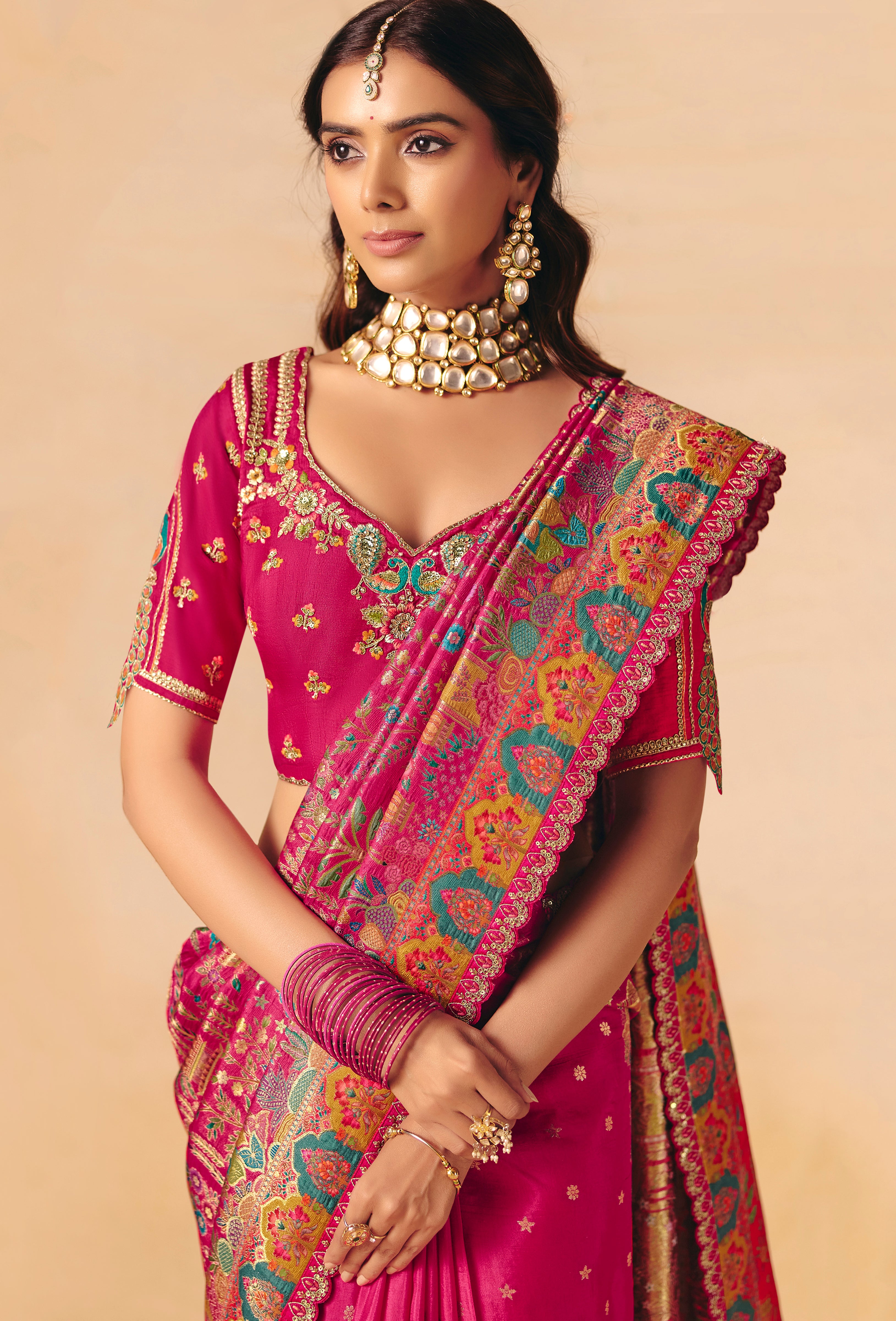 Rani Pink Saree With  Heavy Embroidery, Sequin, Thread, and Stone Work On Patli & Cutwork Lace With Heavy Work Blouse