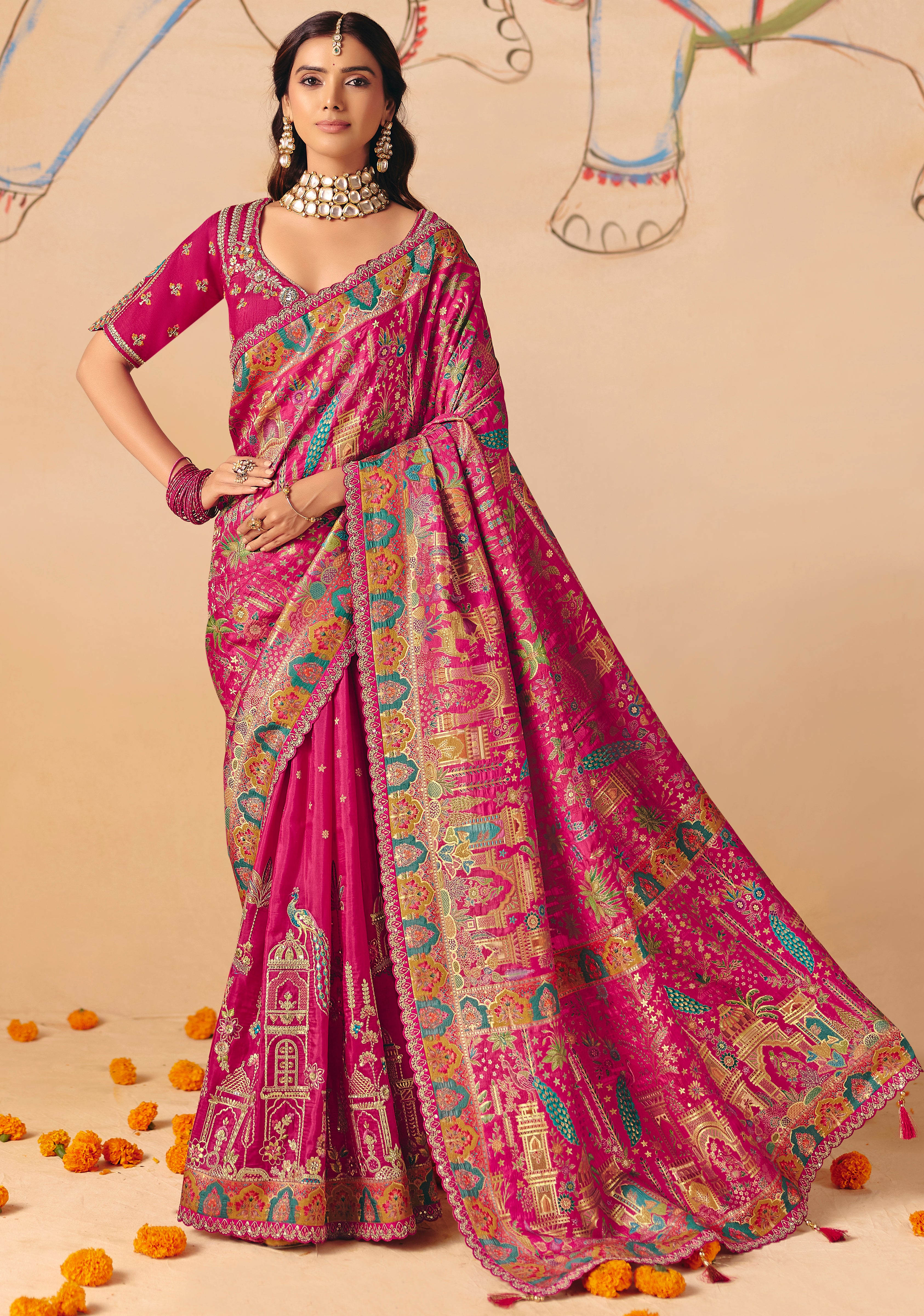 Rani Pink Saree With  Heavy Embroidery, Sequin, Thread, and Stone Work On Patli & Cutwork Lace With Heavy Work Blouse