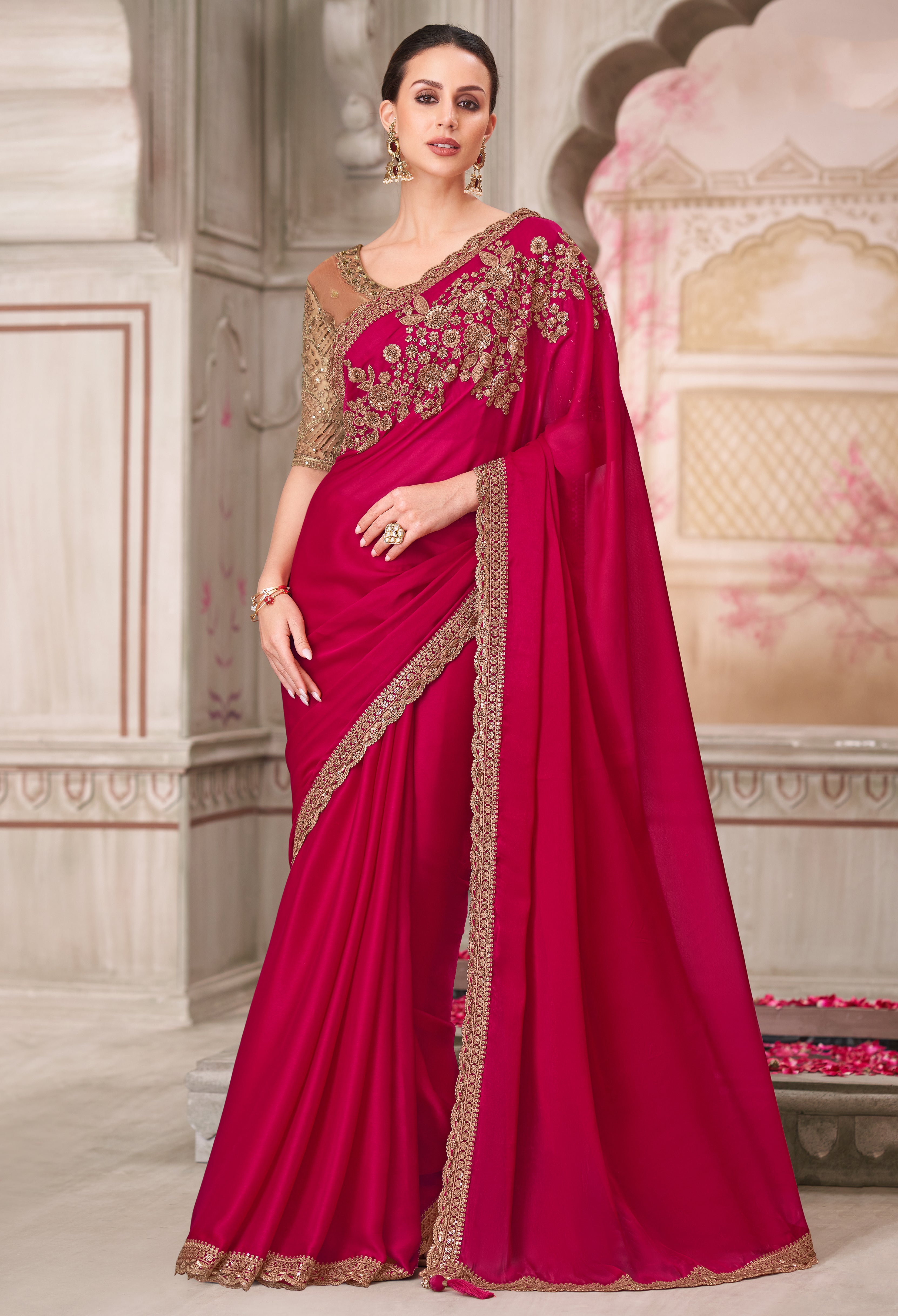 Rani Pink Saree With  Heavy Thread Embroidery Sequins Border Work With Embroidery Blouse