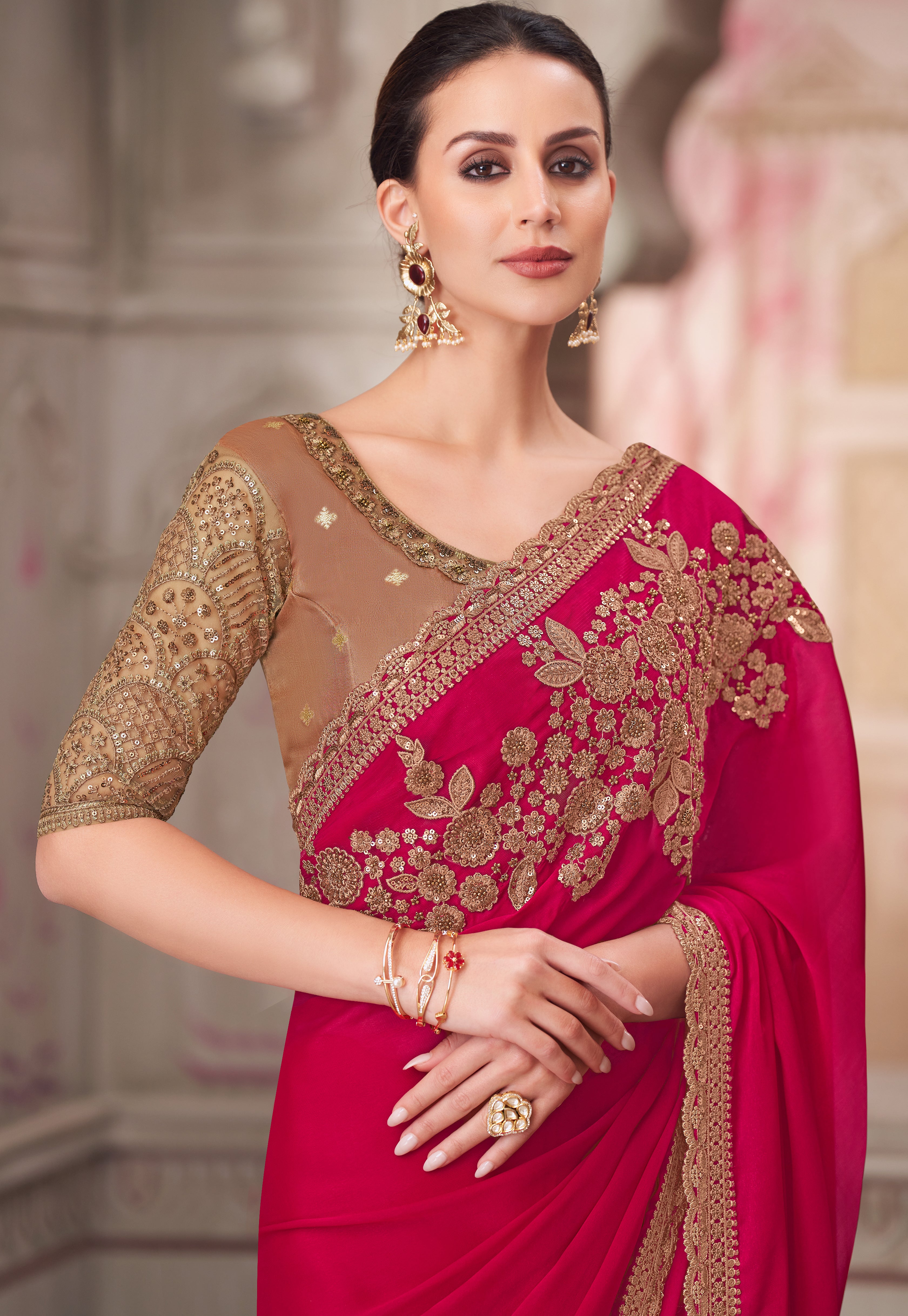 Rani Pink Saree With  Heavy Thread Embroidery Sequins Border Work With Embroidery Blouse