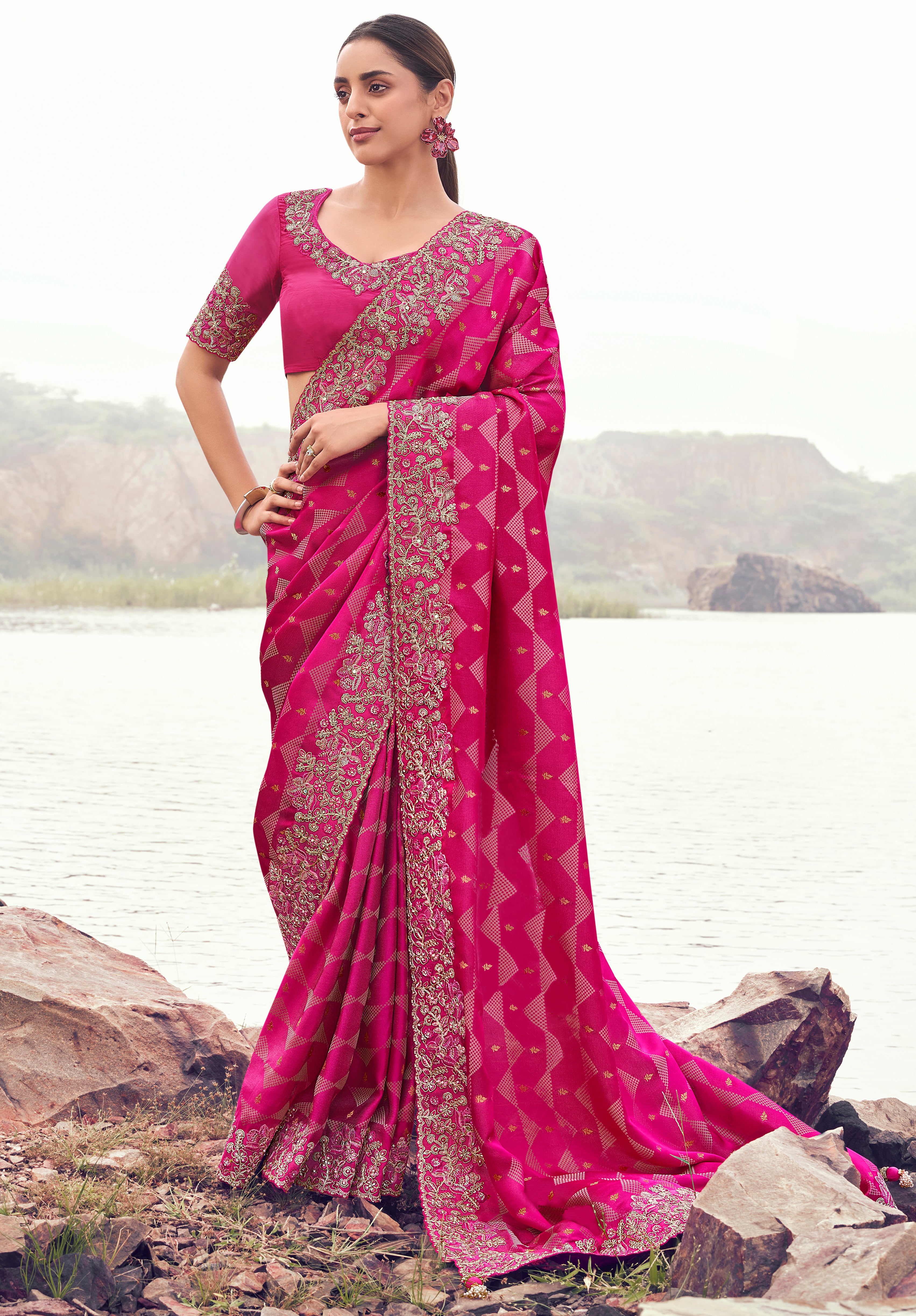 Rani Pink Saree With  Jacquard Woven With Embroidered Border & Blouse