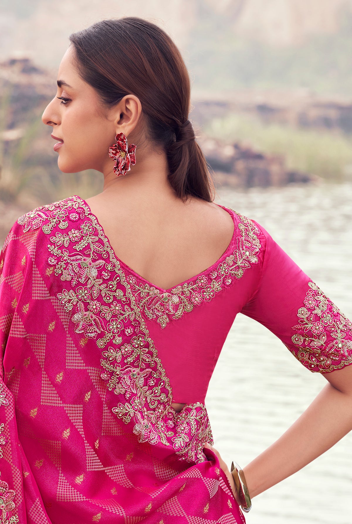 Rani Pink Saree With  Jacquard Woven With Embroidered Border & Blouse