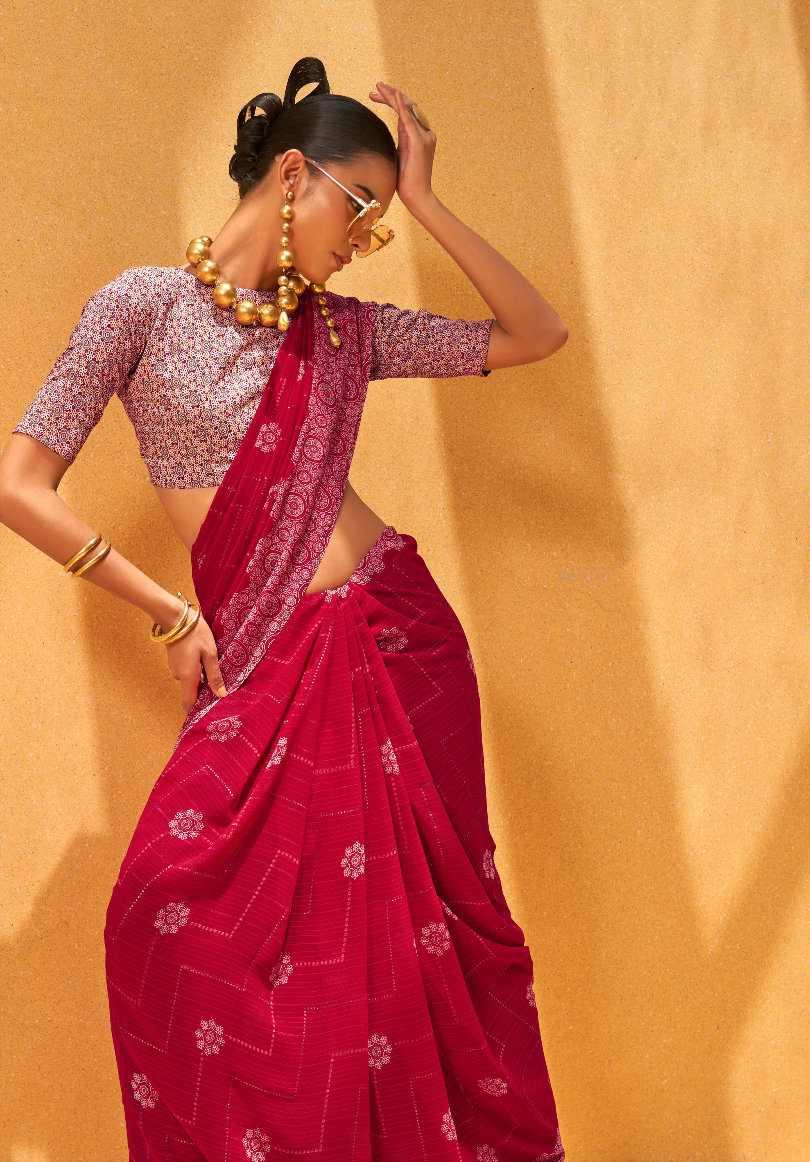 Rani Pink Saree With Printed Work