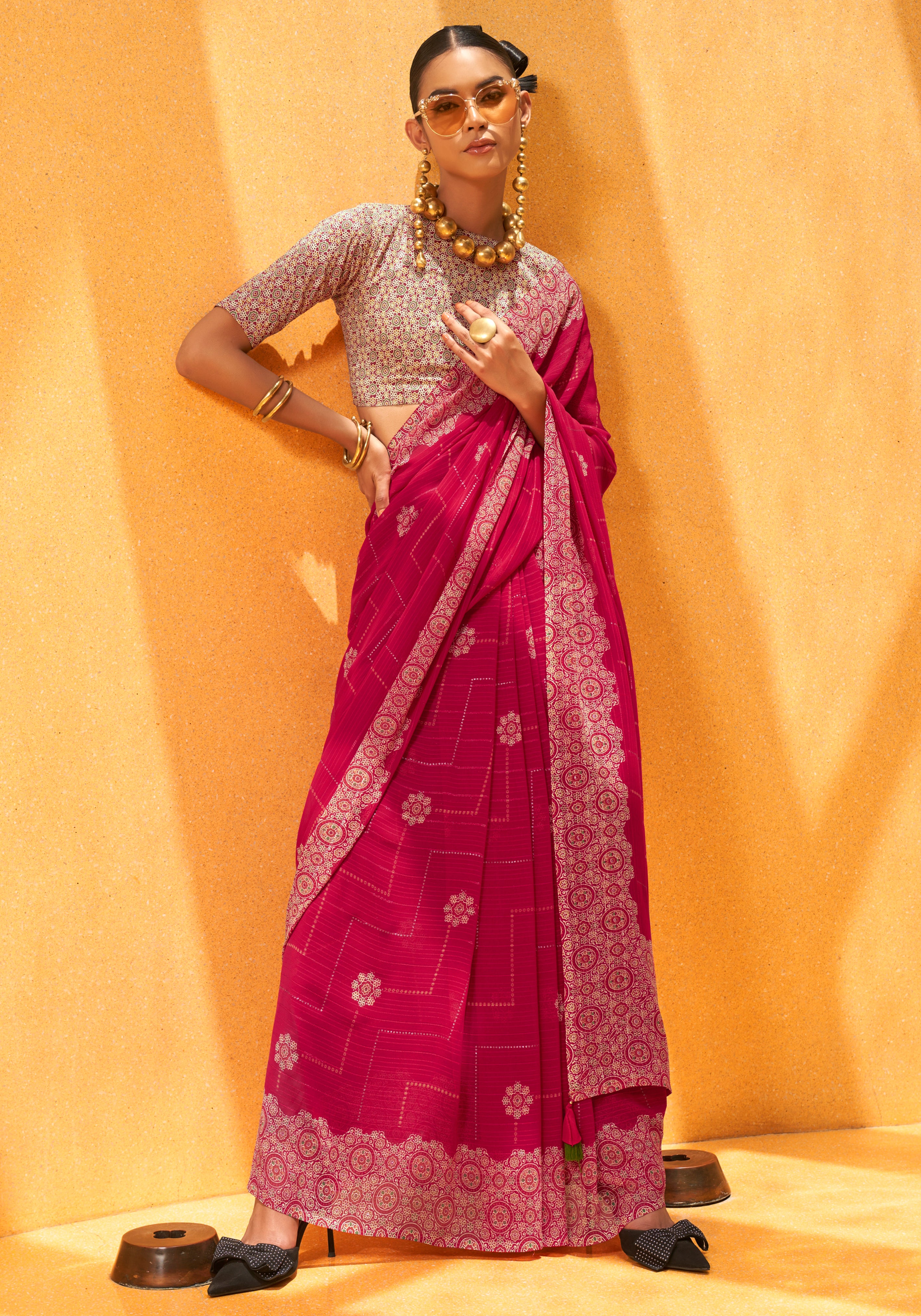 Rani Pink Saree With Printed Work