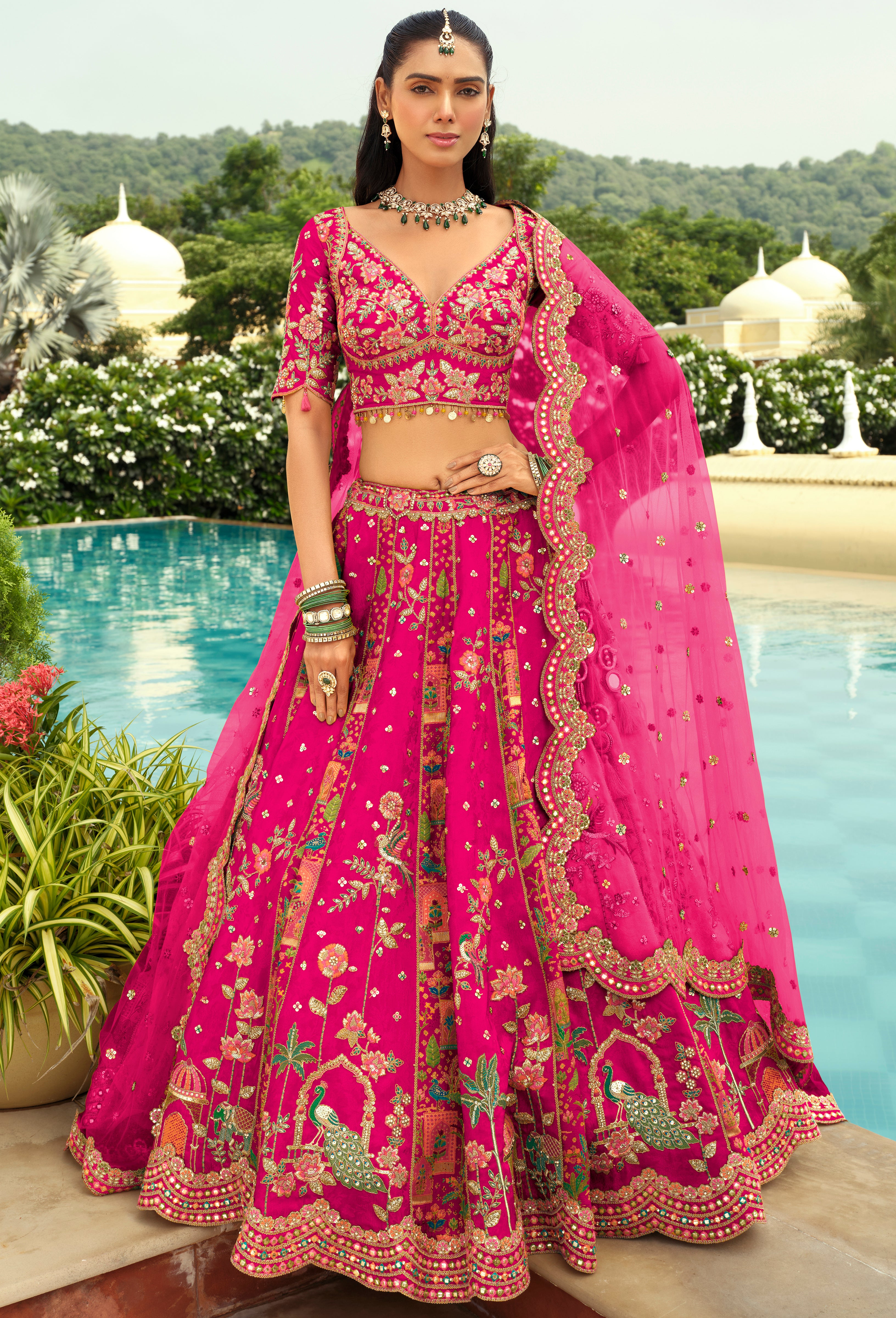 Rani Pink Silk Readymade Lehenga Choli With Heavy Thread Embroidery, Sequence, Border Weaving, Art Mirror and Cut Work