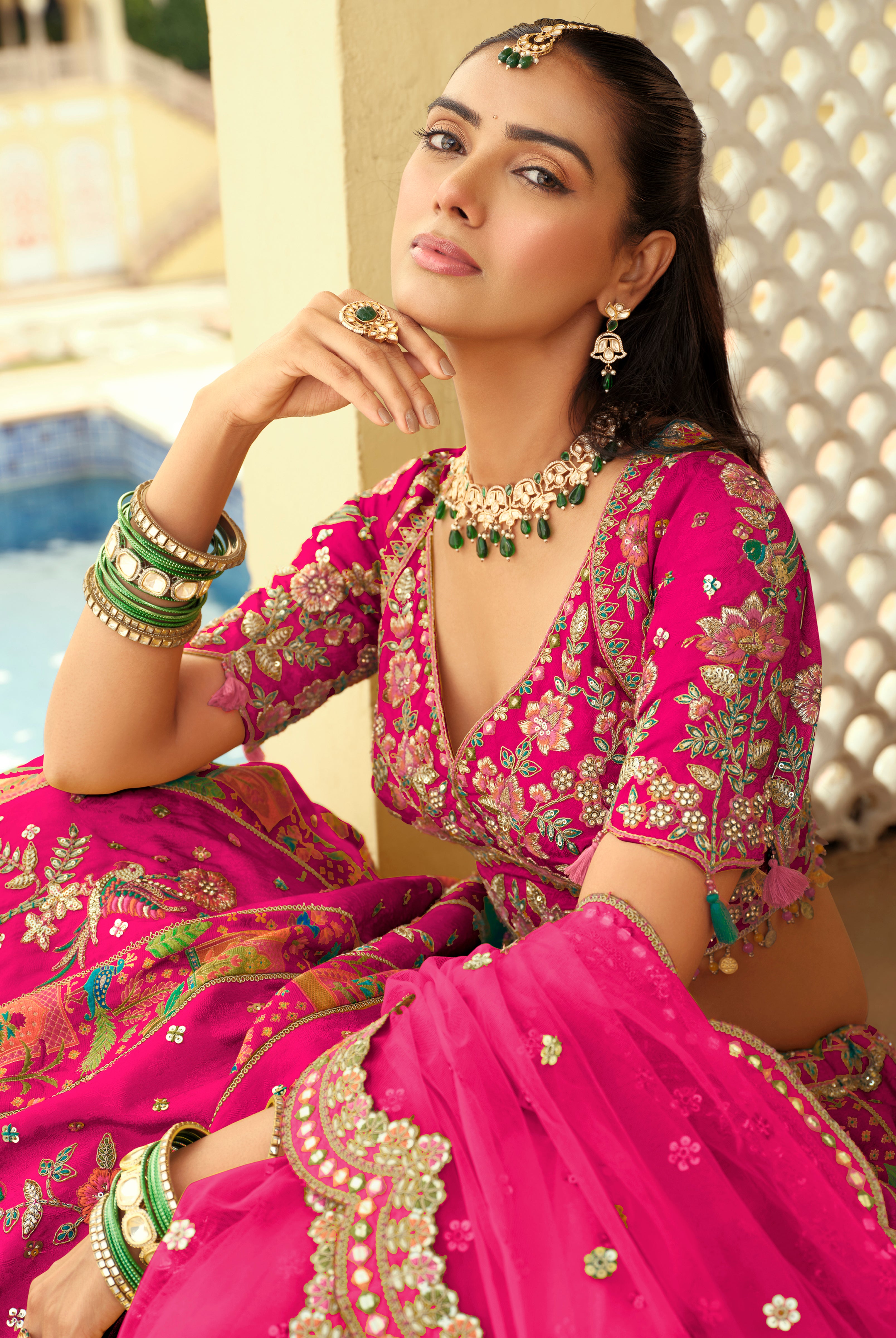 Rani Pink Silk Readymade Lehenga Choli With Heavy Thread Embroidery, Sequence, Border Weaving, Art Mirror and Cut Work