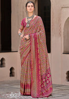 Rani Pink Silk Saree With  Ajrakh Print