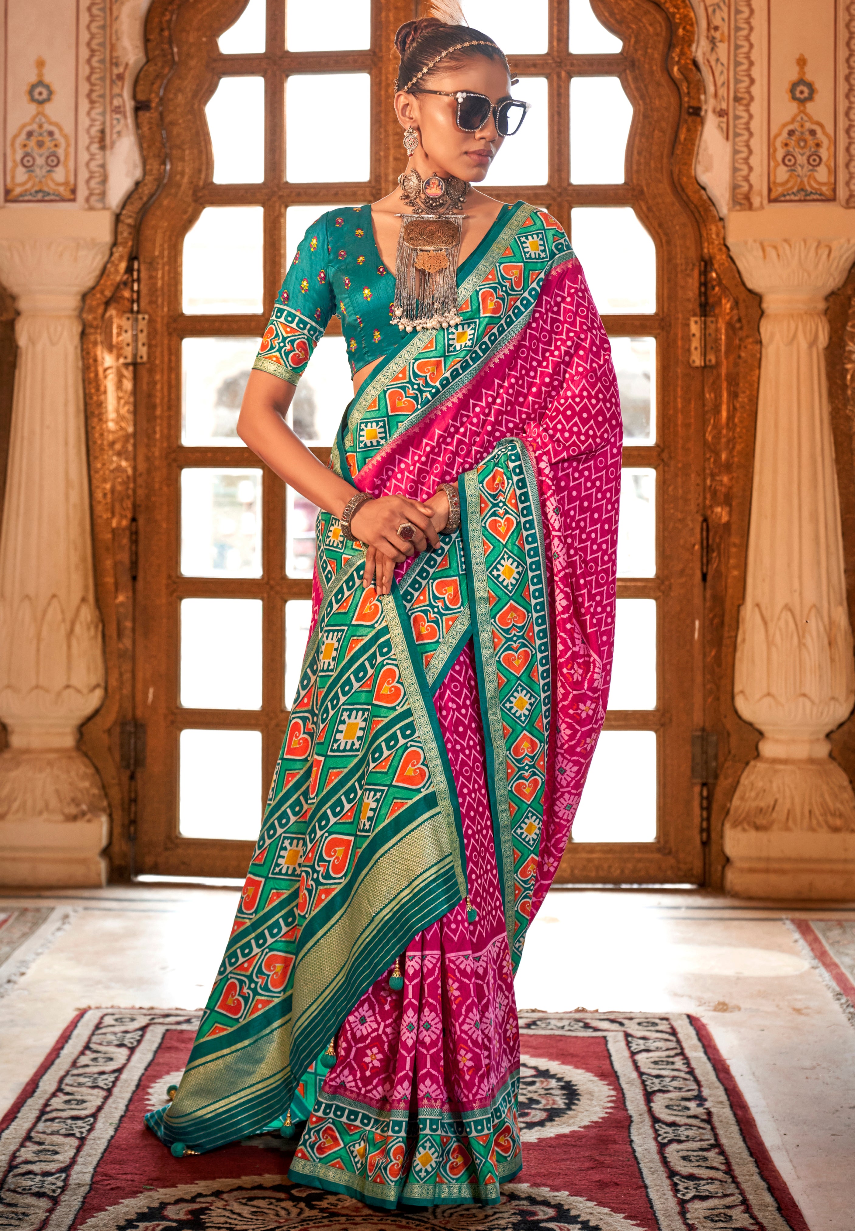 Rani Pink Silk Saree With  Digital Patola Print