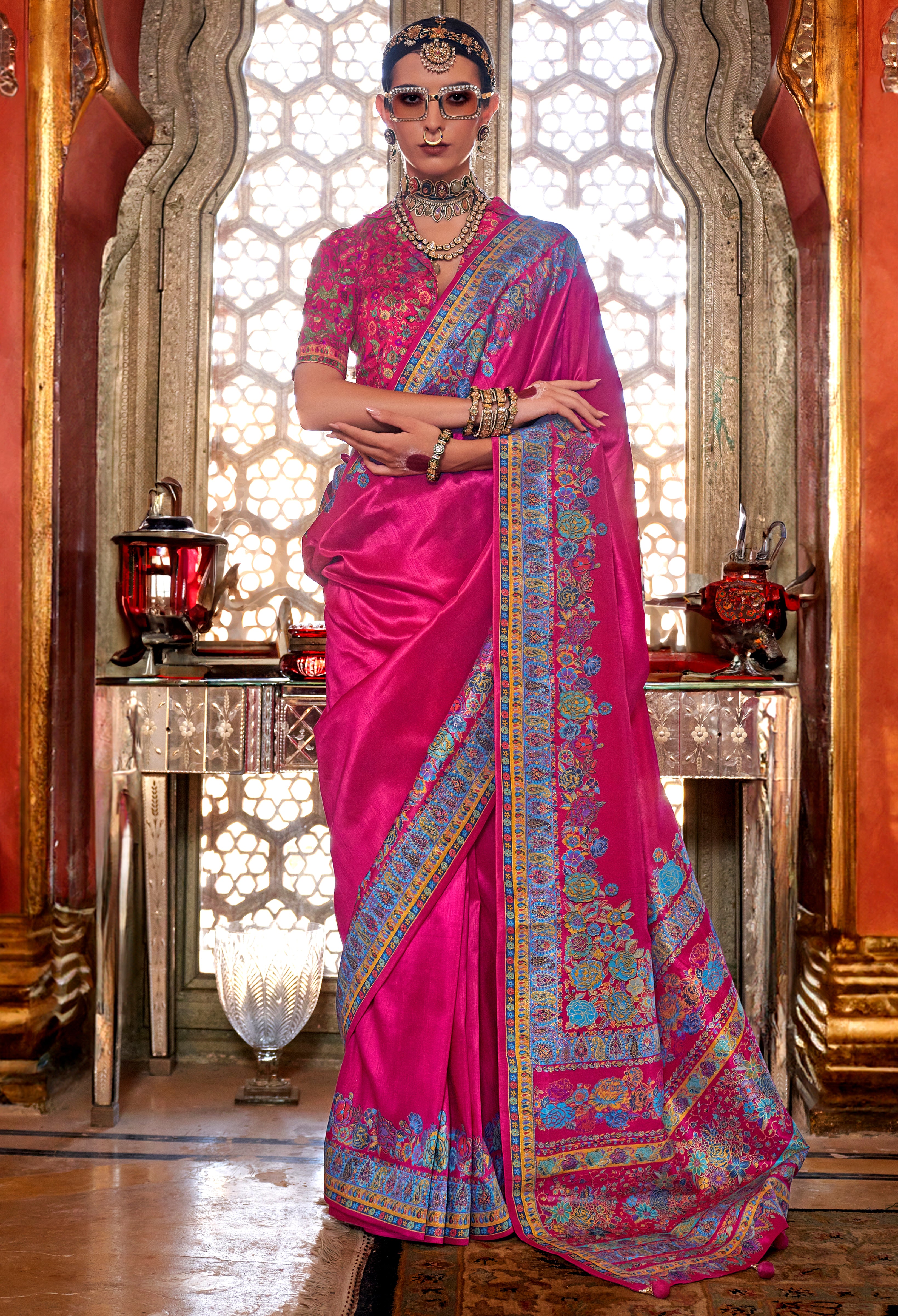Rani Pink Silk Saree With  Floral Print