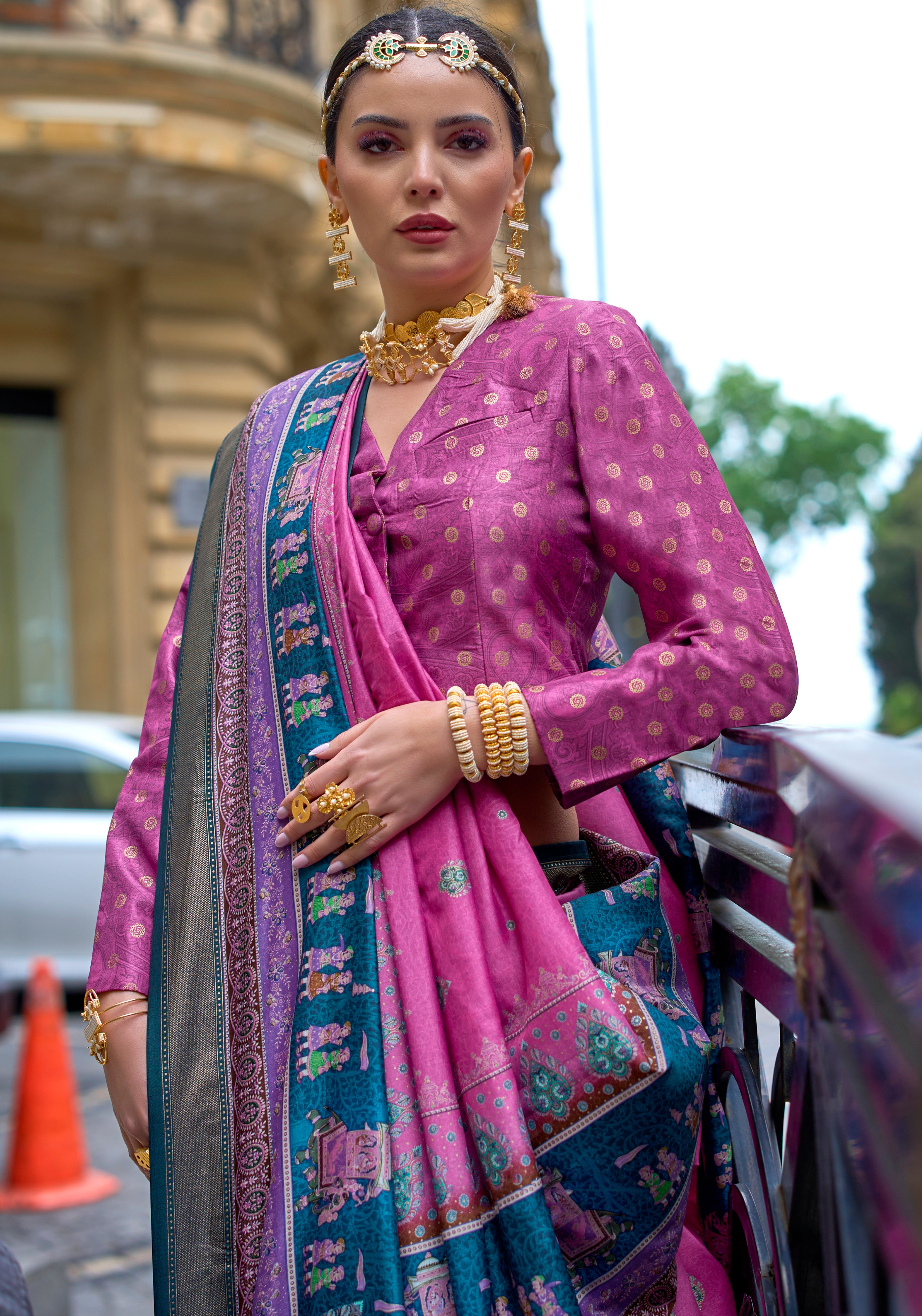Rani Pink Silk Saree With  Foil Print