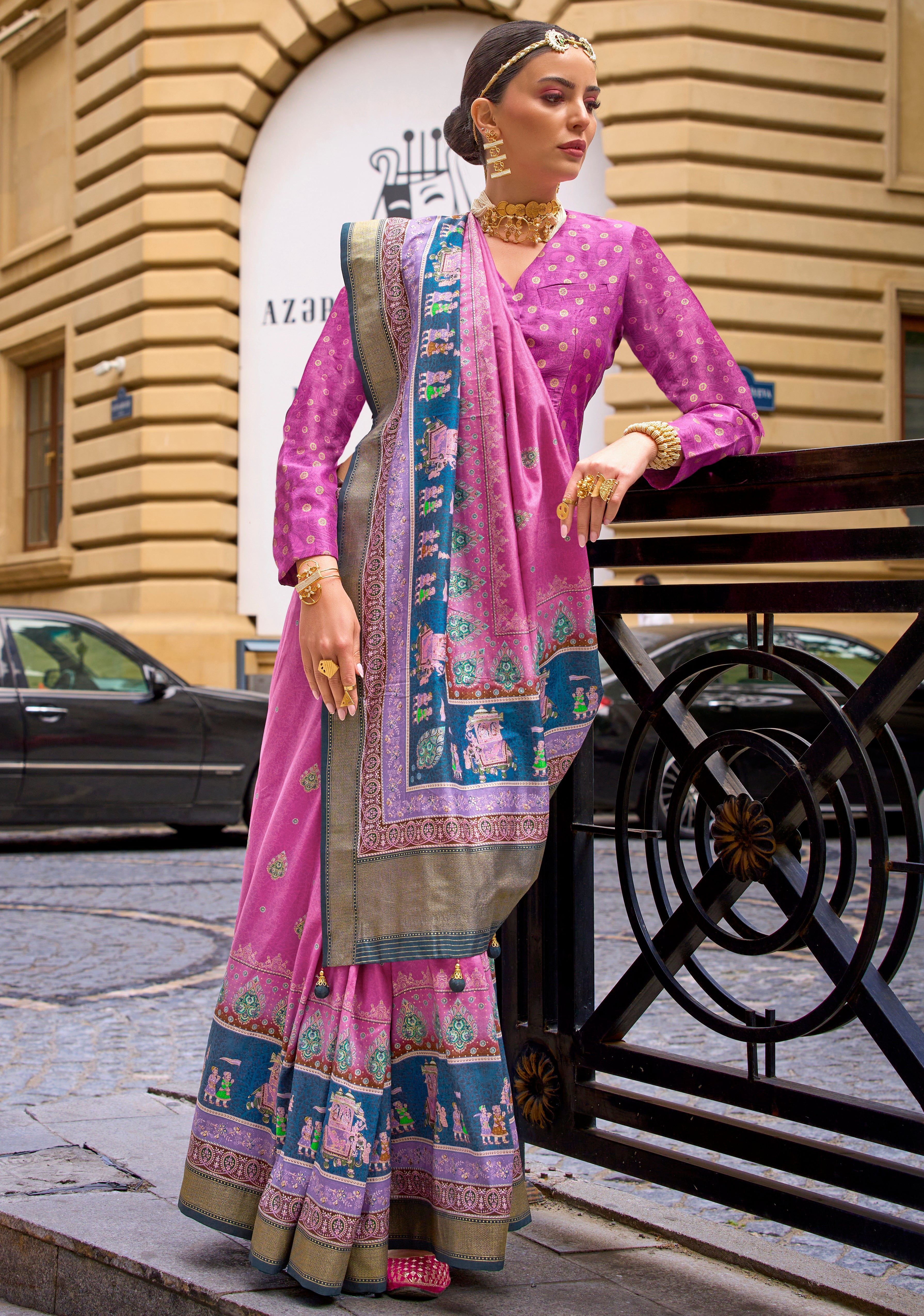 Rani Pink Silk Saree With  Foil Print