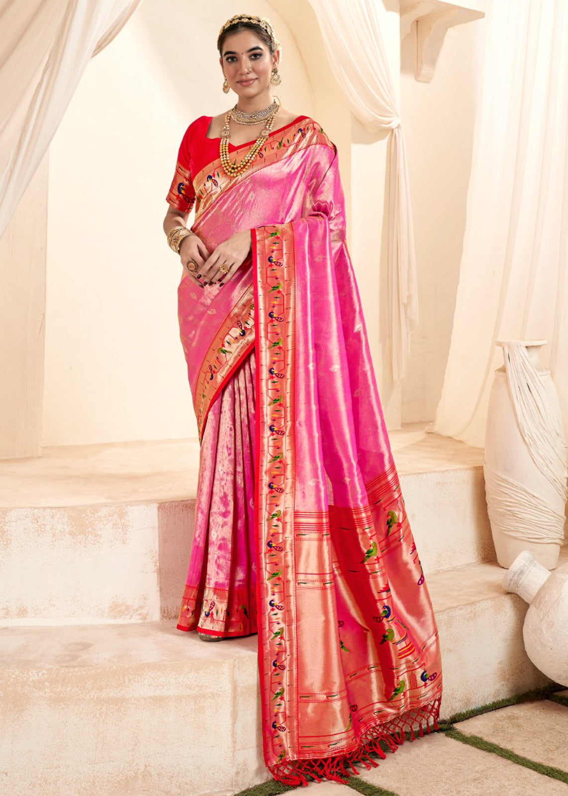 Rani Pink Silk Saree With  Jacquard Woven Work