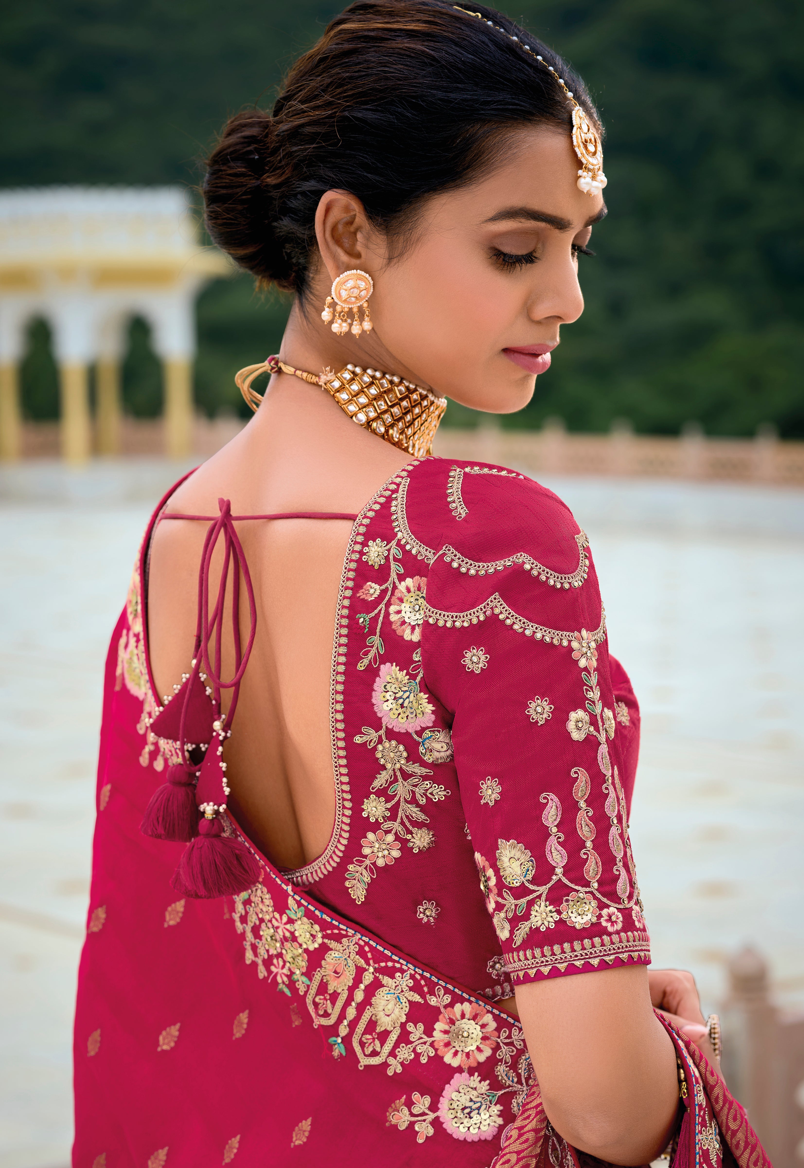 Rani Pink Silk Saree With  Jacquard Woven and Embroidery Work