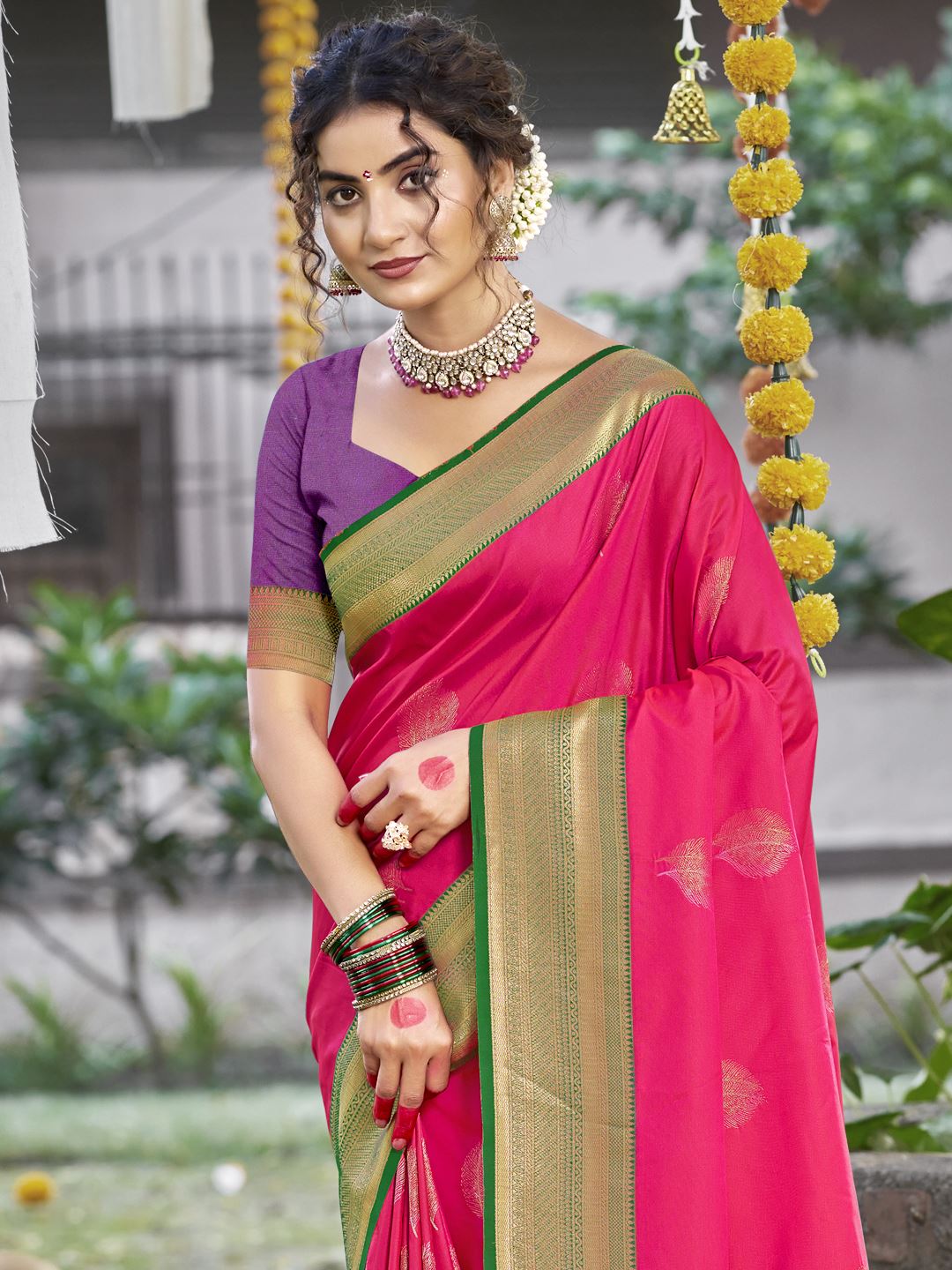 Rani Pink Silk Saree With Woven Work