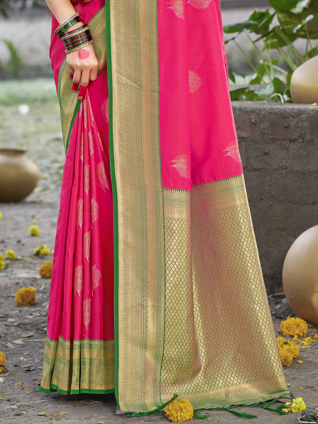 Rani Pink Silk Saree With Woven Work