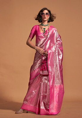 Rani Pink Silk Saree With  Woven Work