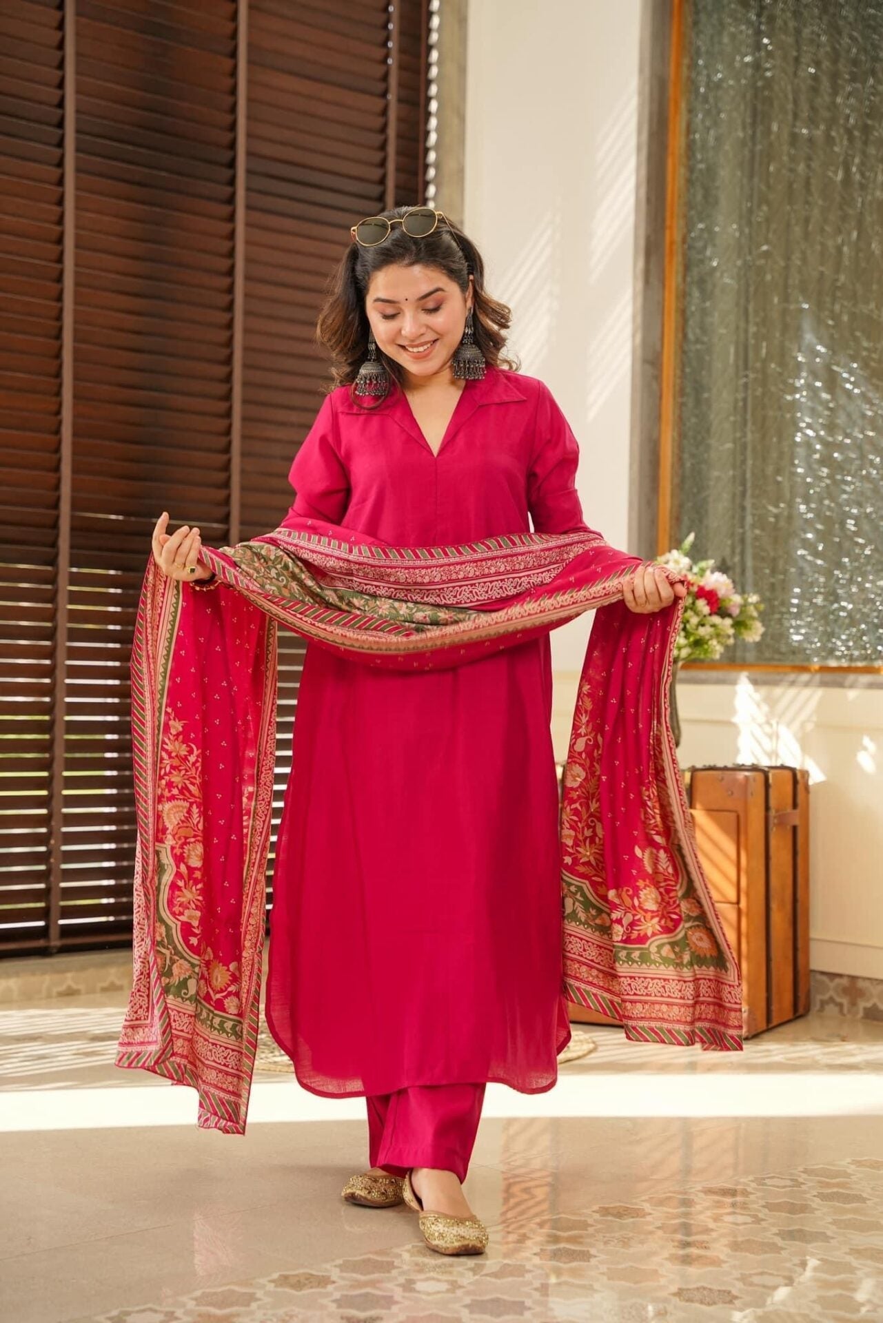 Rani Pink South Cotton Plain Kurta Pant With Printed Dupatta