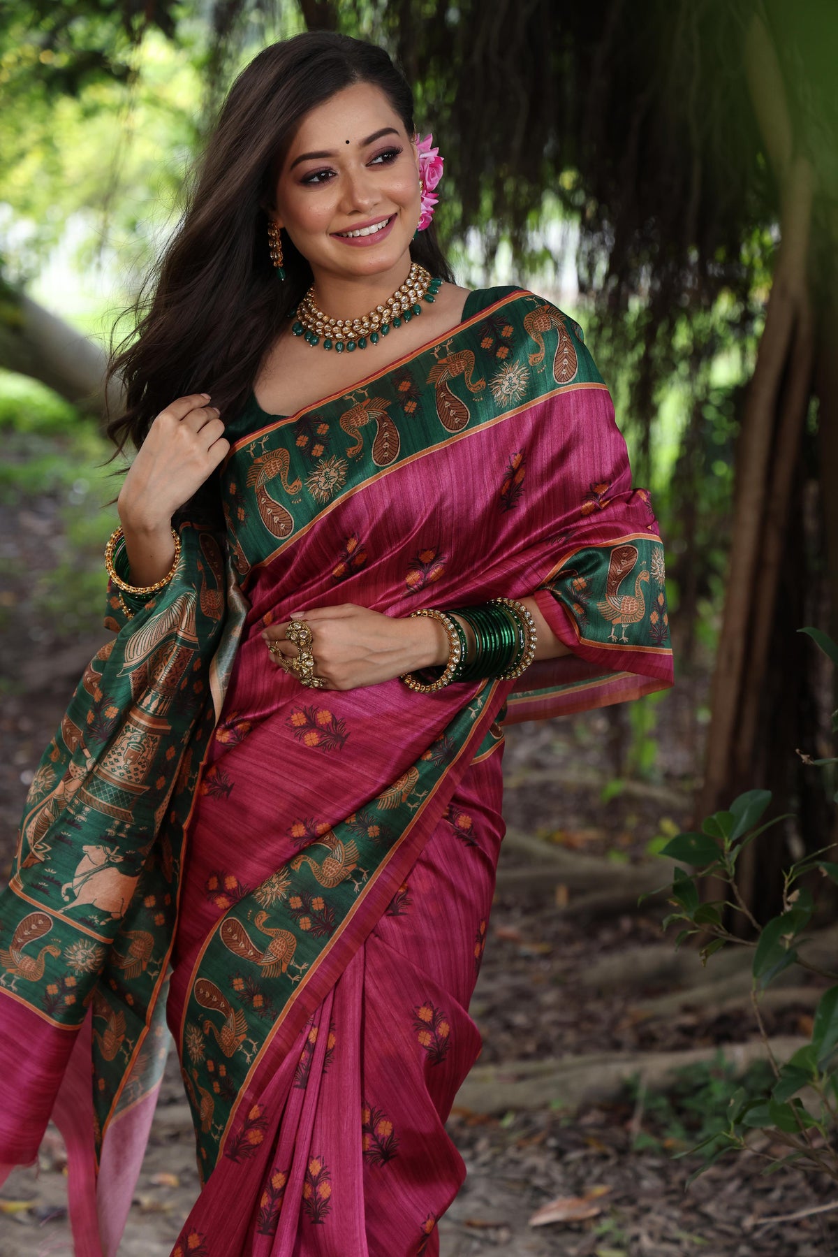 Rani Pink Tussar Silk Saree with Rich Printed Elegance