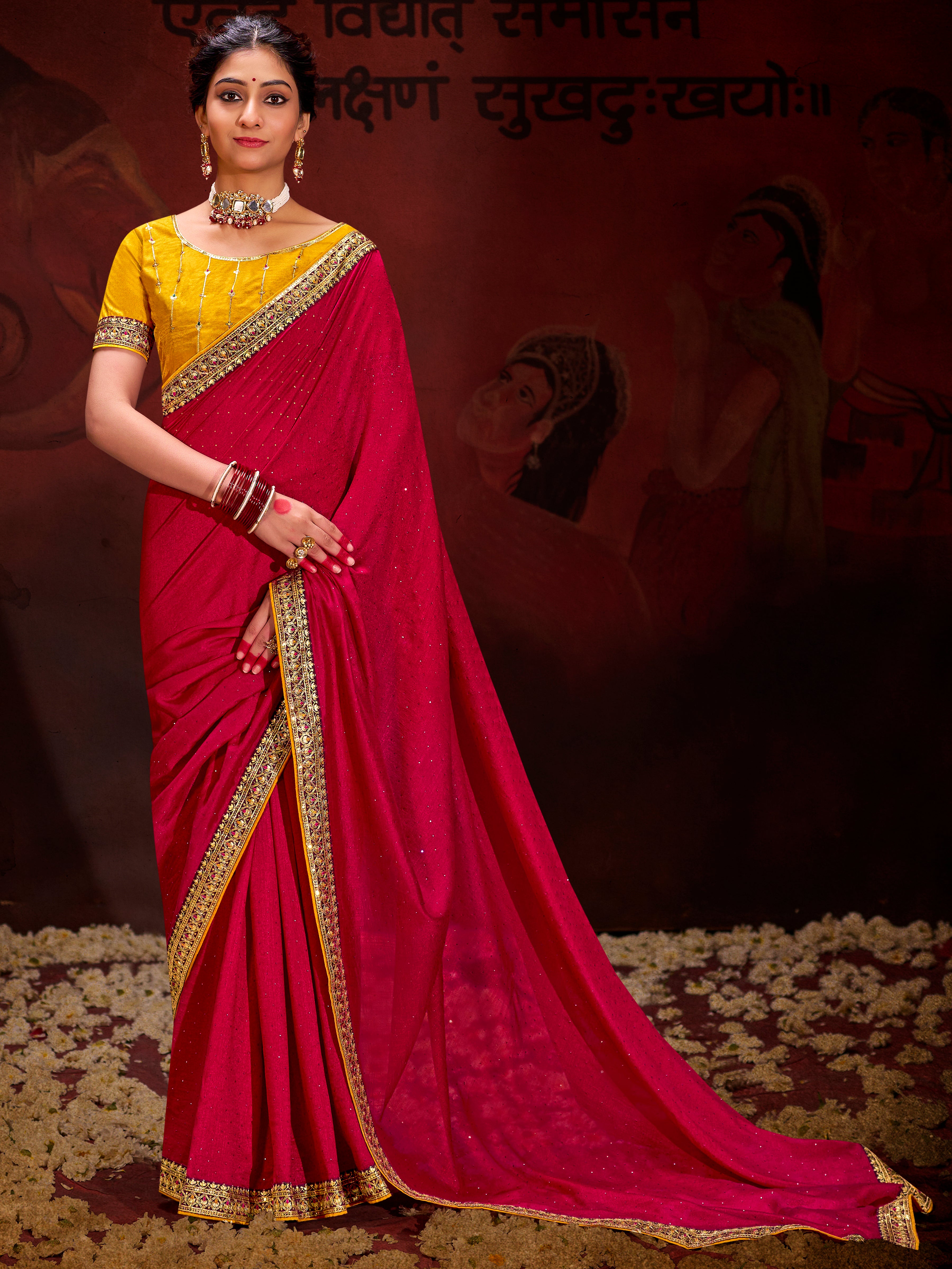 Rani Pink Vichitra Silk Saree With  Heavy Diamond Work and Embroidery  Lace Border