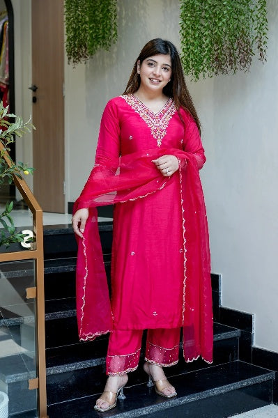 Rani Pink Viscose Chanderi Kurta Pant Set With Heavy Thread Embroidered Work