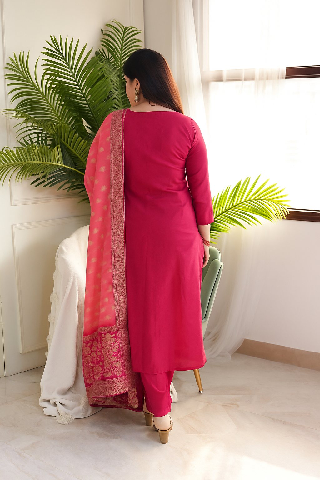 Rani Pink Viscose Chanderi Kurta Pant Set With Heavy Thread Embroidery Work With Jacquard Dupatta