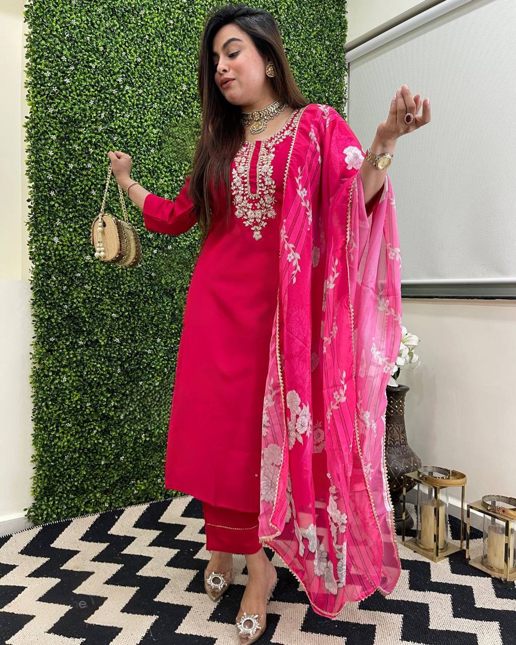 Rani Pink Viscose Chanderi Kurta Pant Set With Heavy Thread Embroidery Work With Printed Dupatta