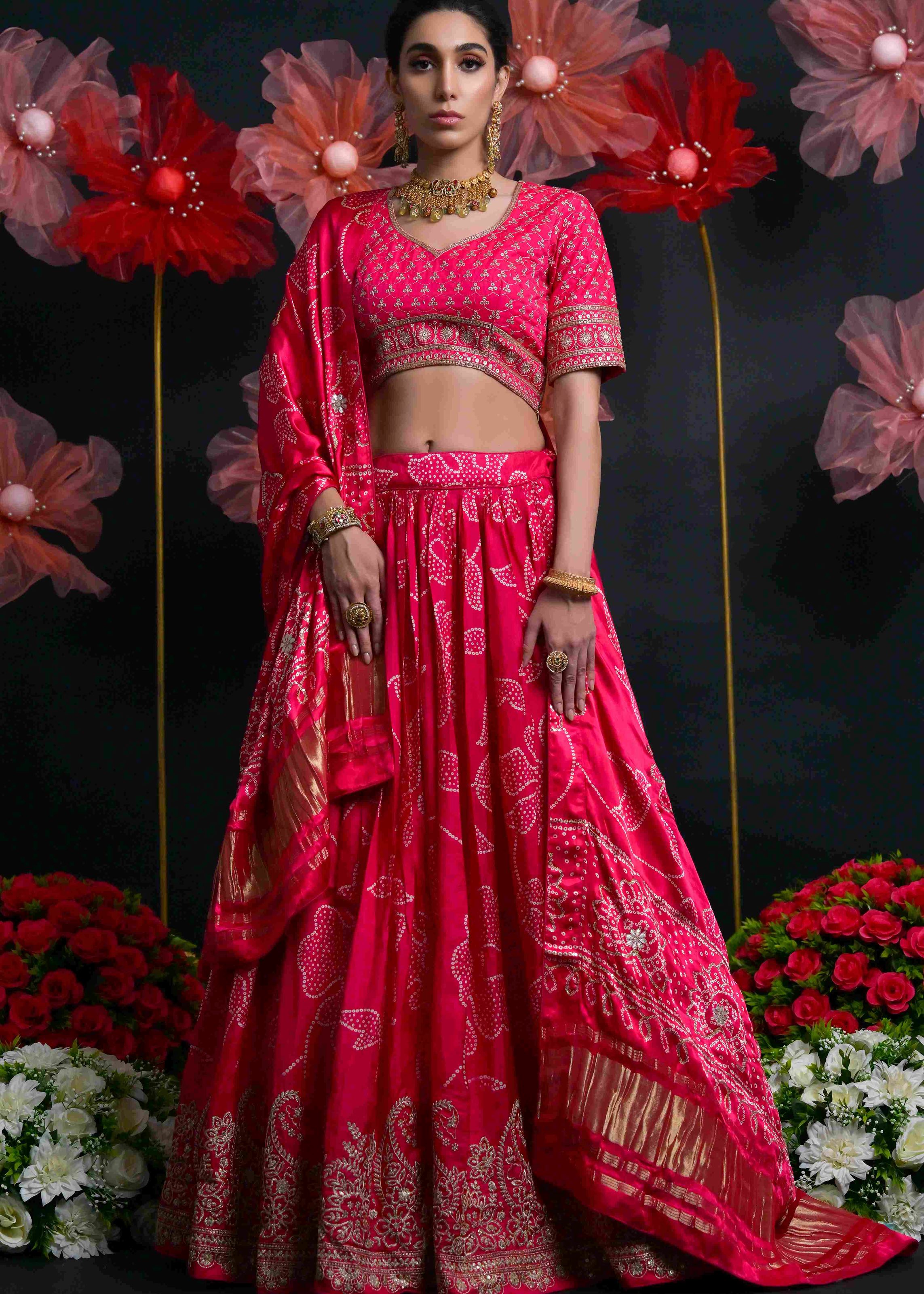 Rani Pink Viscose Russian Lehenga Choli With Print With Thread Embroidery Work With Embroidery Blouse