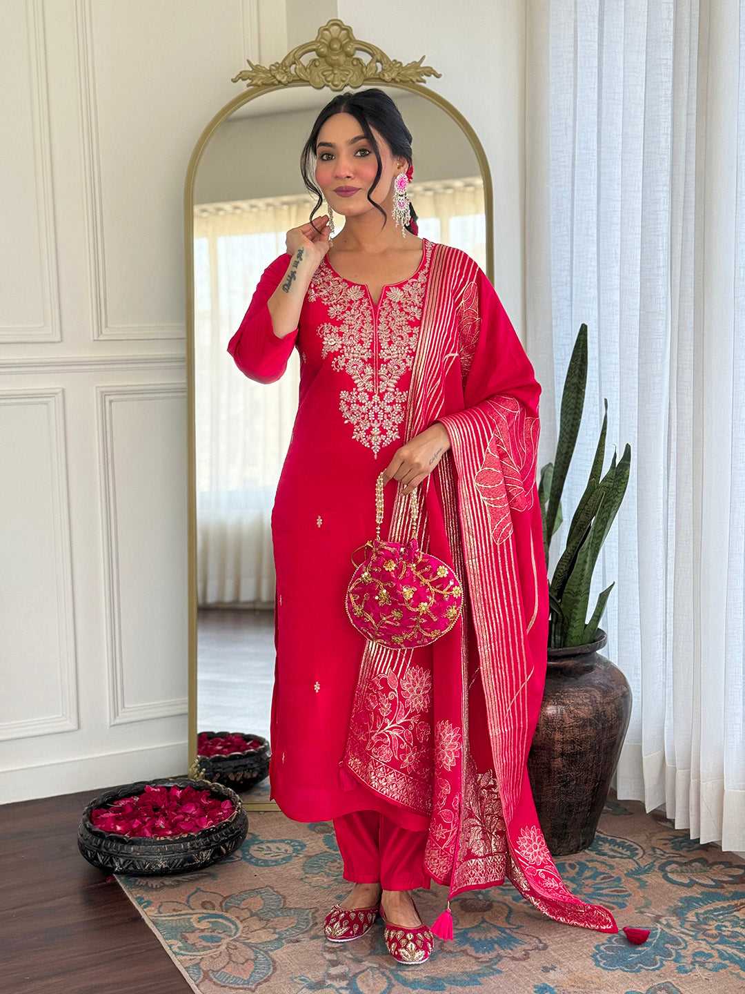 Rani Roman Silk Elegant Kurta Pant Set With Embroidery Work