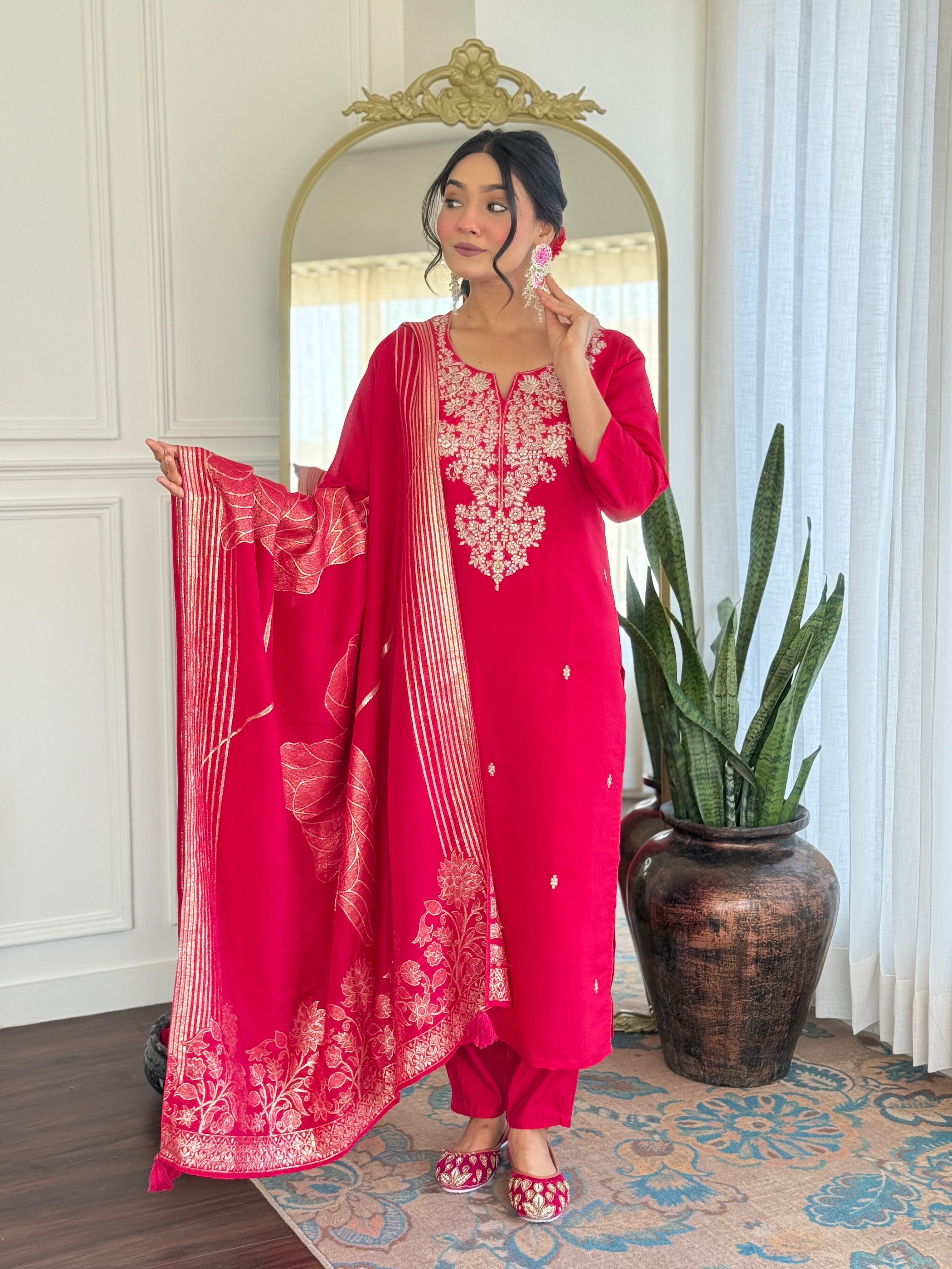 Rani Roman Silk Elegant Kurta Pant Set With Embroidery Work