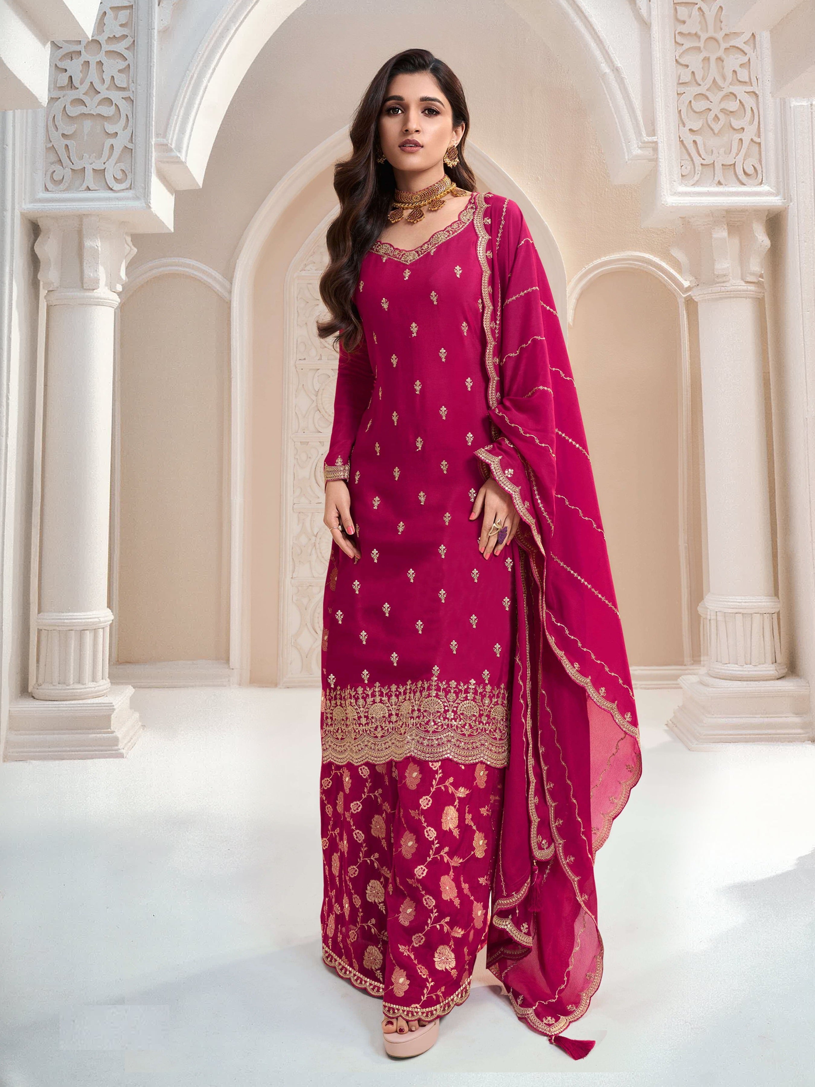 Rani  Sarara Style Salwar Suit With Heavy Embroidery Work