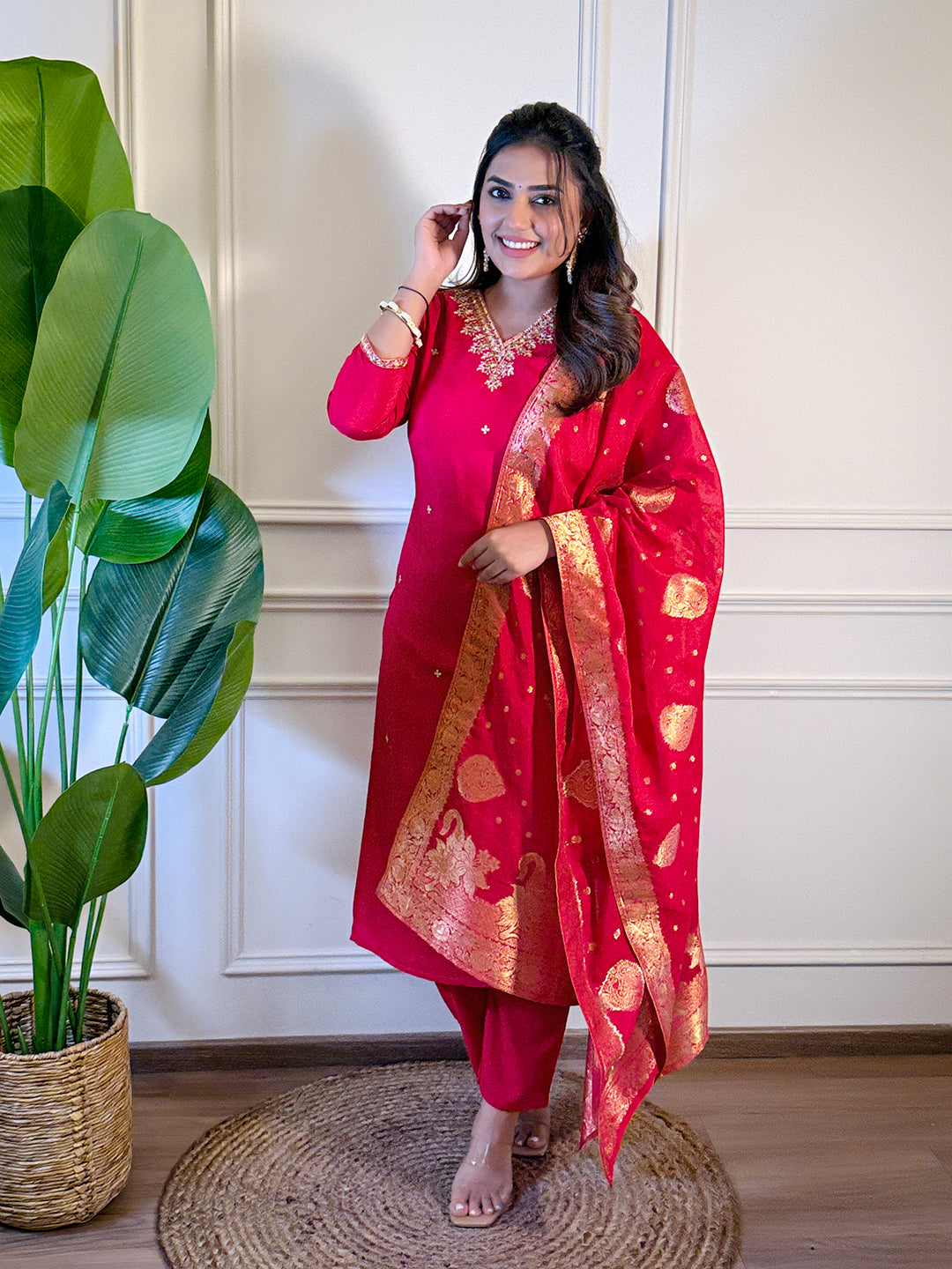 Rani Viscose Elegant Kurta Pant Set With Embroidery Work