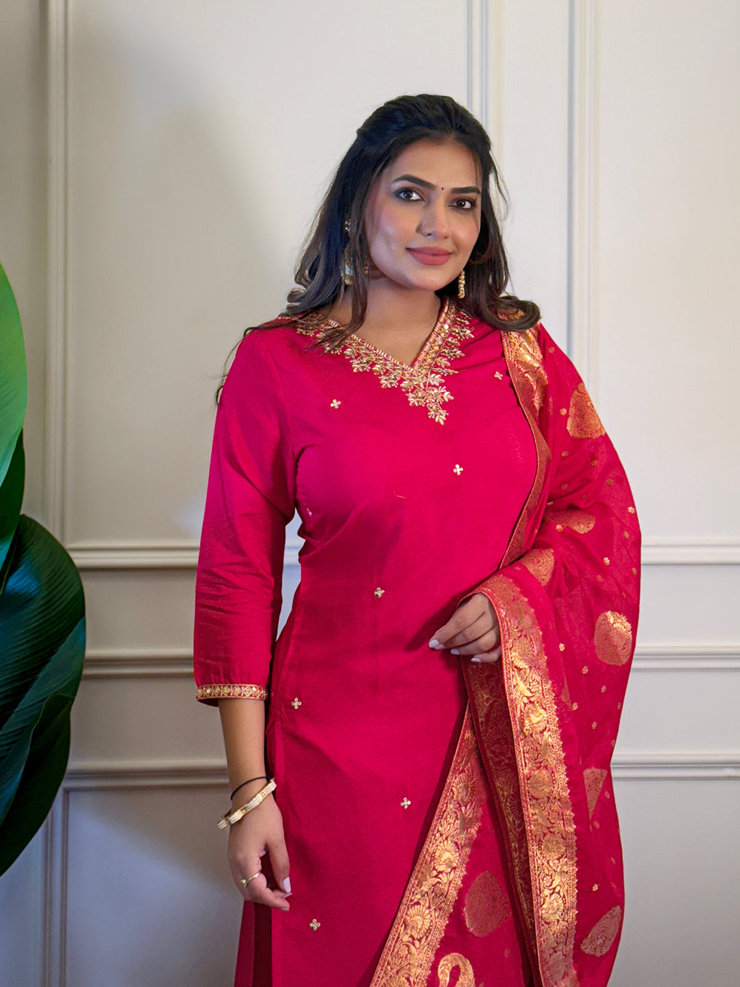 Rani Viscose Elegant Kurta Pant Set With Embroidery Work