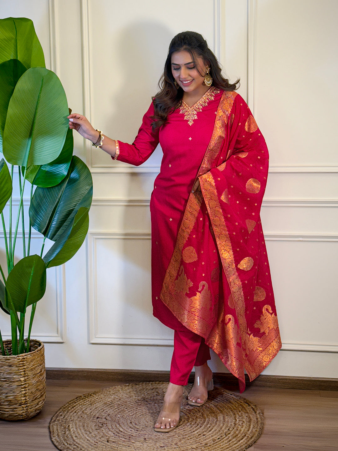 Rani Viscose Elegant Kurta Pant Set With Embroidery Work