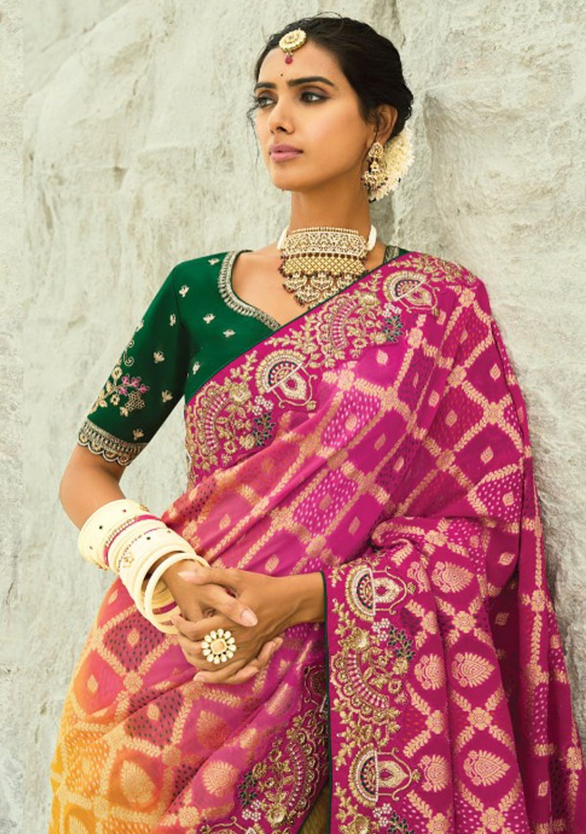 Rani, Yellow & Pink  Bandhej Saree with Heavy Hand Work Border With Embroidery Blouse