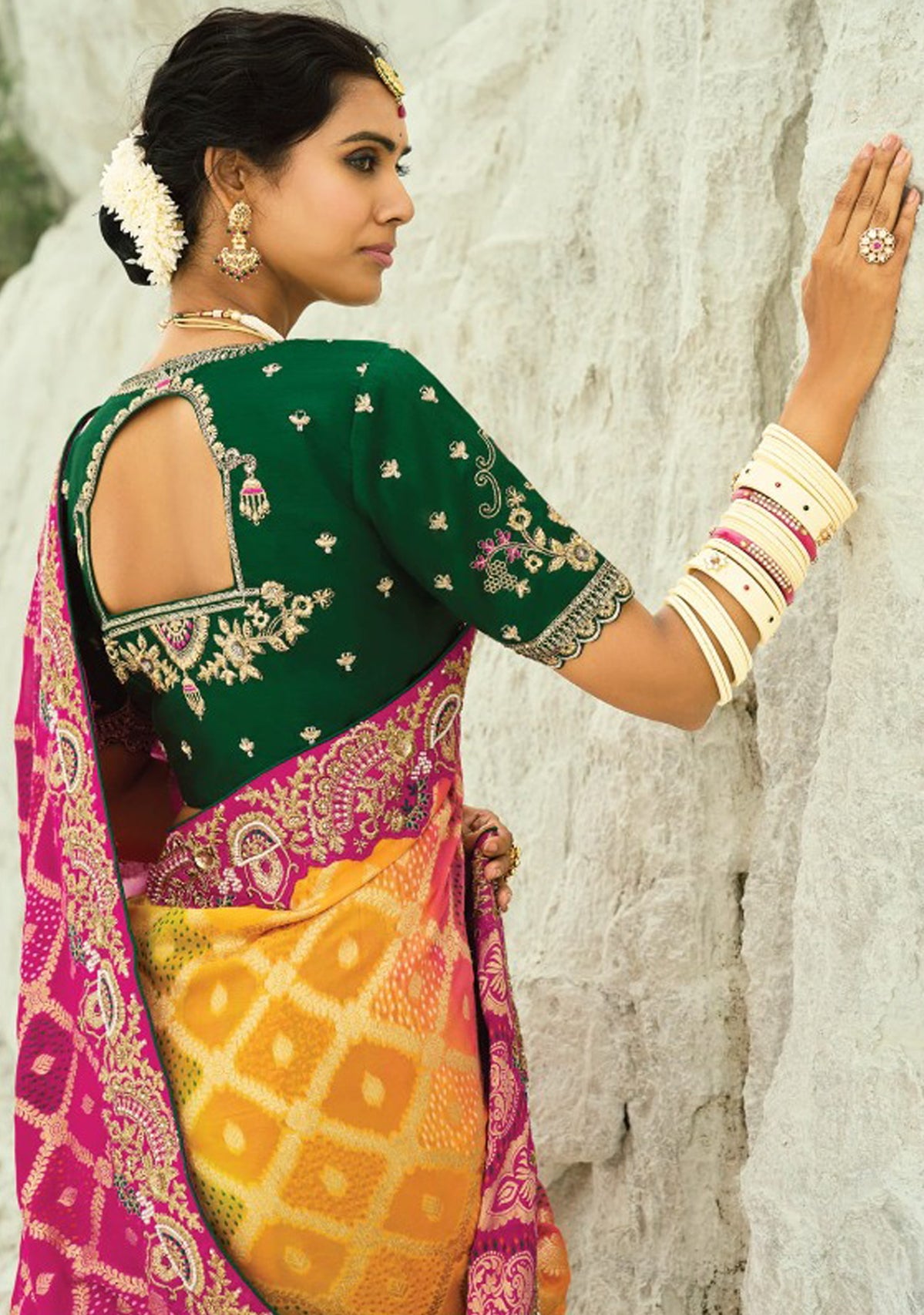 Rani, Yellow & Pink  Bandhej Saree with Heavy Hand Work Border With Embroidery Blouse