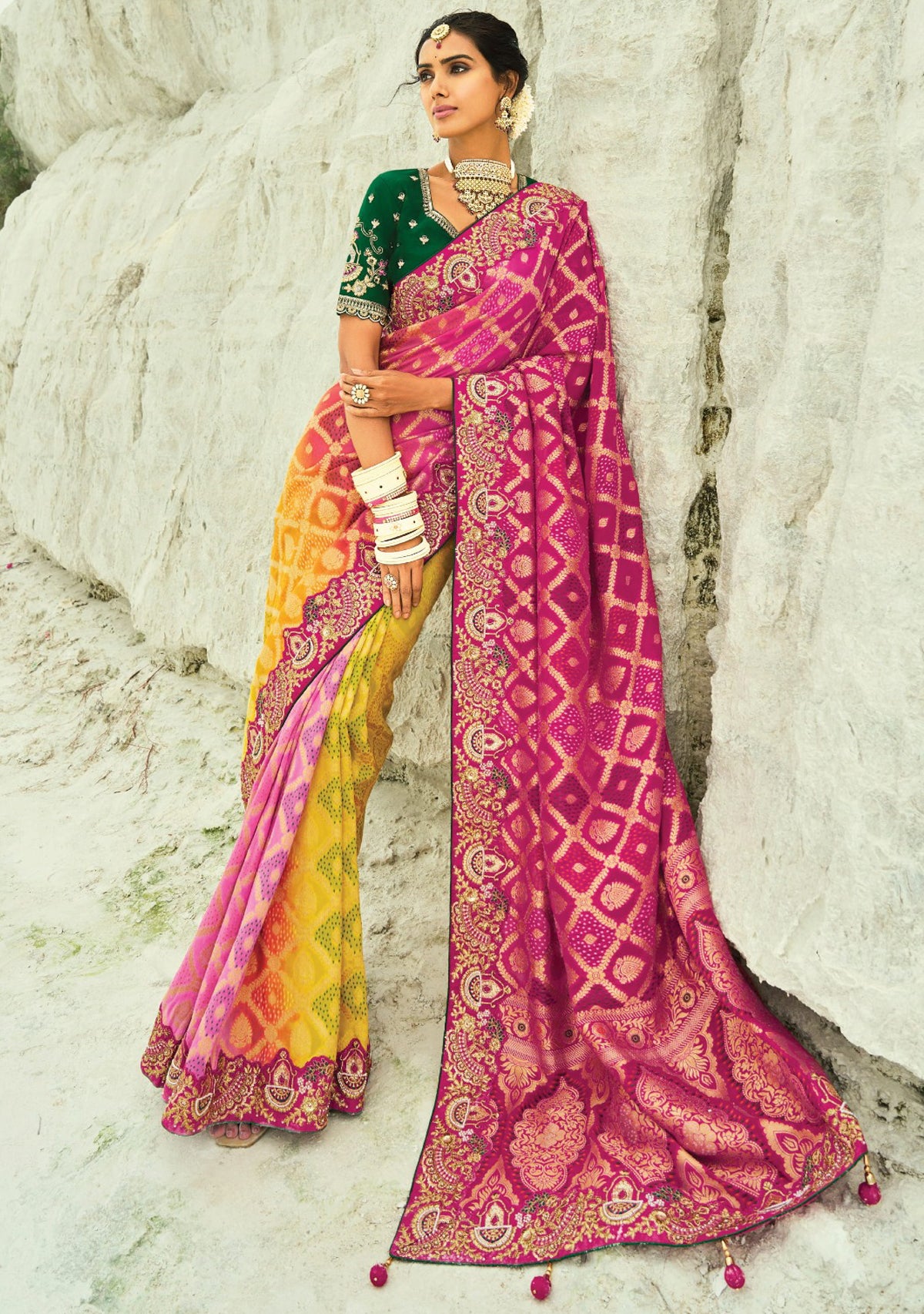 Rani, Yellow & Pink  Bandhej Saree with Heavy Hand Work Border With Embroidery Blouse