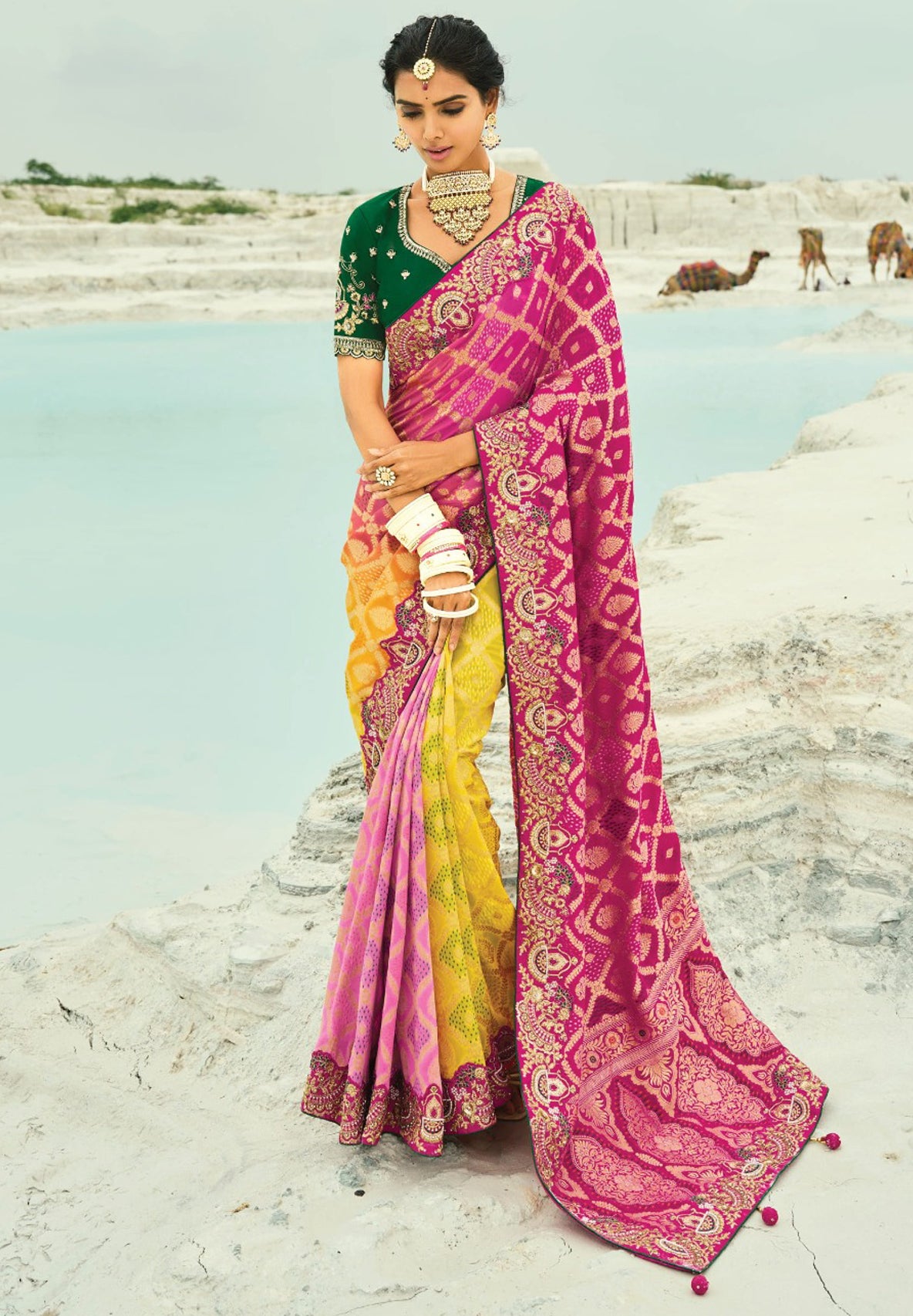 Rani, Yellow & Pink  Bandhej Saree with Heavy Hand Work Border With Embroidery Blouse