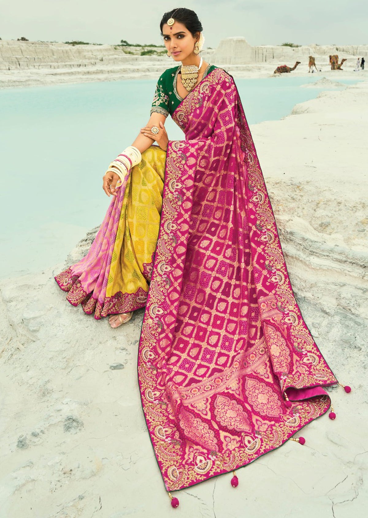 Rani, Yellow & Pink  Bandhej Saree with Heavy Hand Work Border With Embroidery Blouse