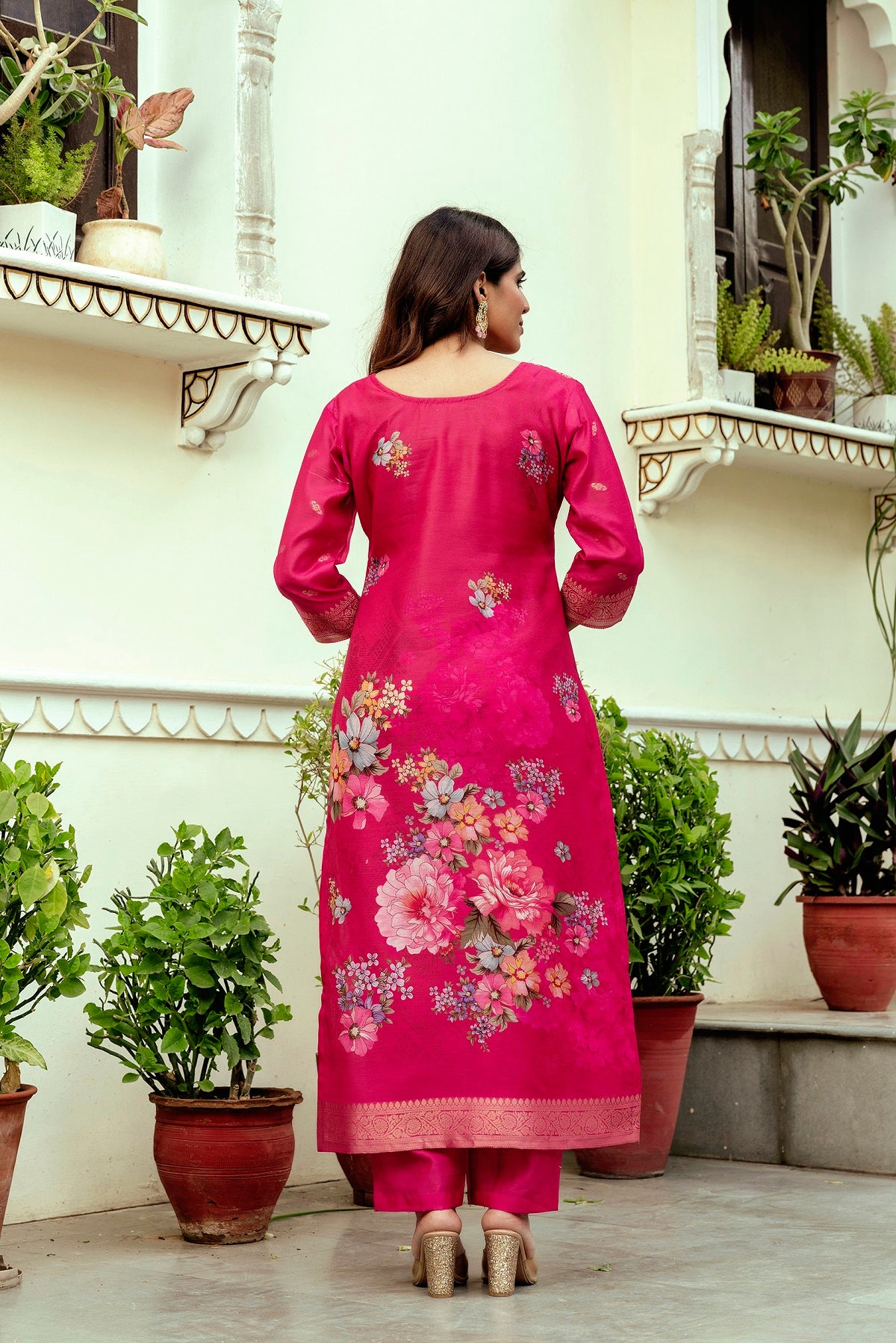 Ranipink Chanderi Cotton Kurta Pant Set With Jacquard Woven With Digital Print