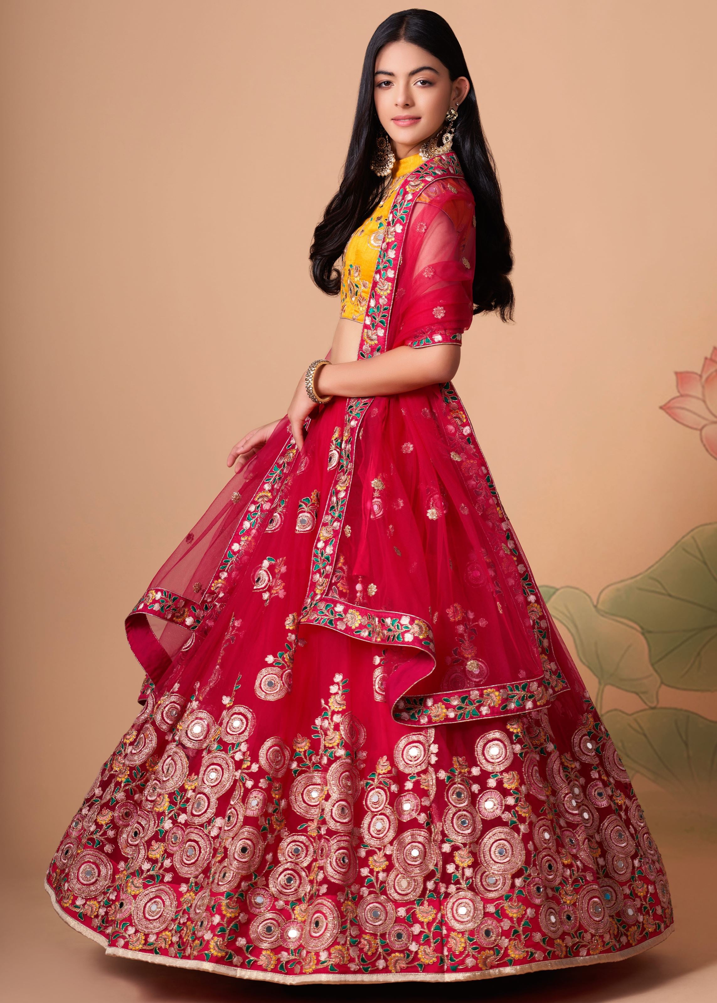 Rani pink Lehenga Choli With   Thread, Zari, Dori And Sequins Embroidery With Mirror Work