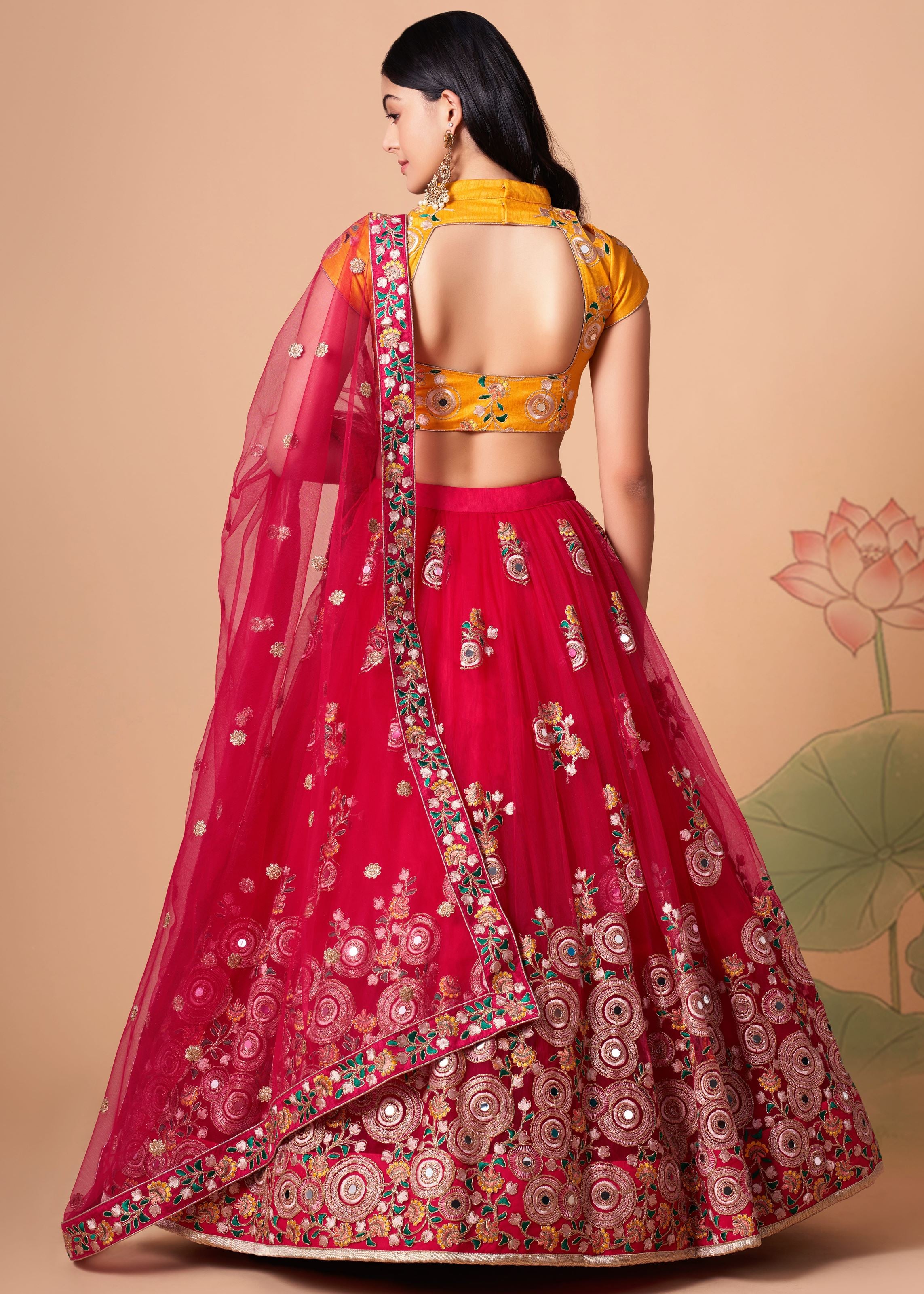 Rani pink Lehenga Choli With   Thread, Zari, Dori And Sequins Embroidery With Mirror Work