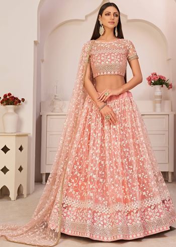 Ravishing Light Pink Thread Net Festive Wear Lehenga Choli