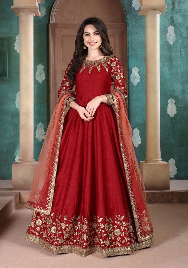 Red Adda Silk Heavy Embroidery with Embroidered bordered Border Dupatta  Anarkali Suits