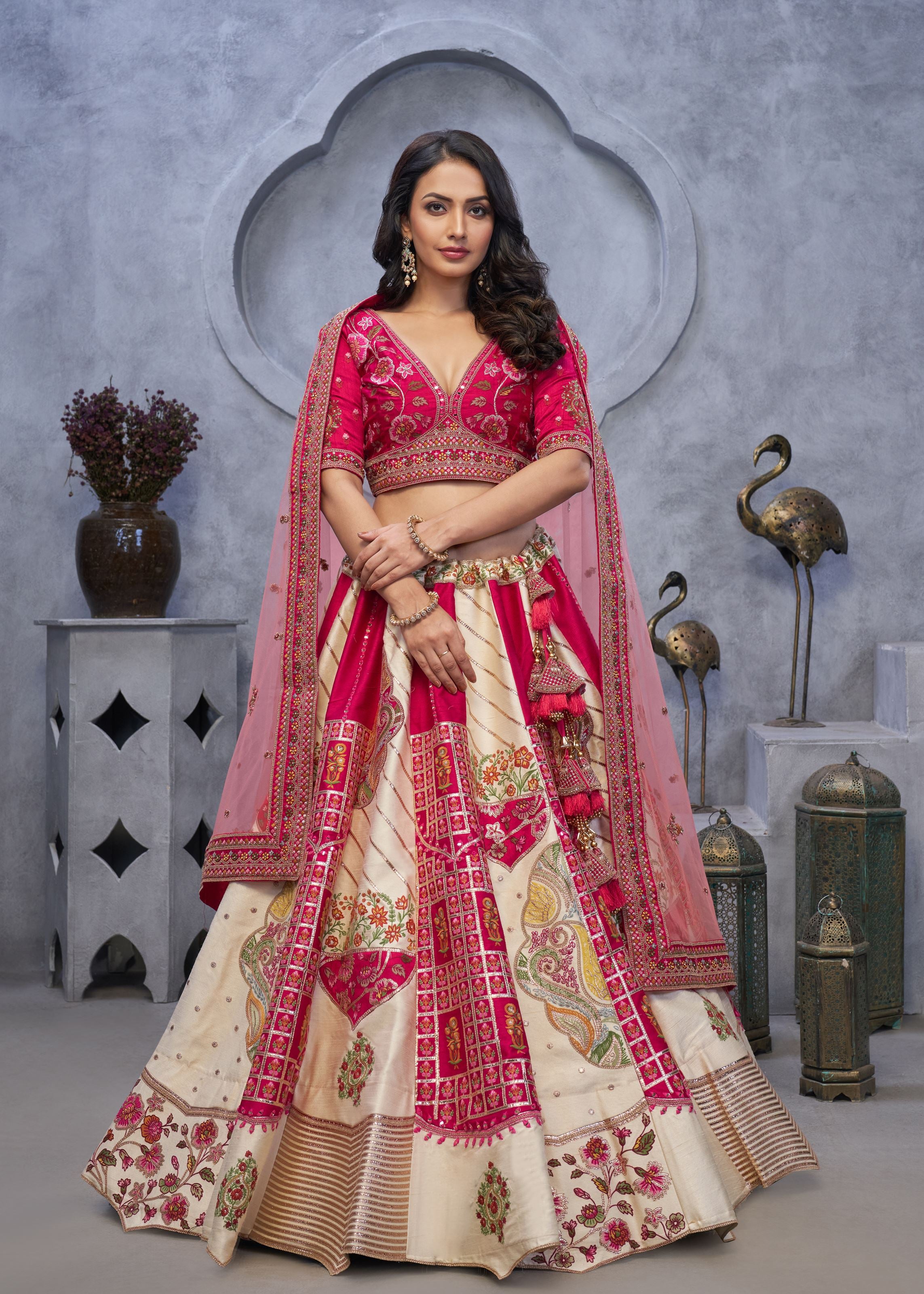 Red And White Raw Silk Lehenga Choli With Paisley Motifs And Sheer Pink Dupatta