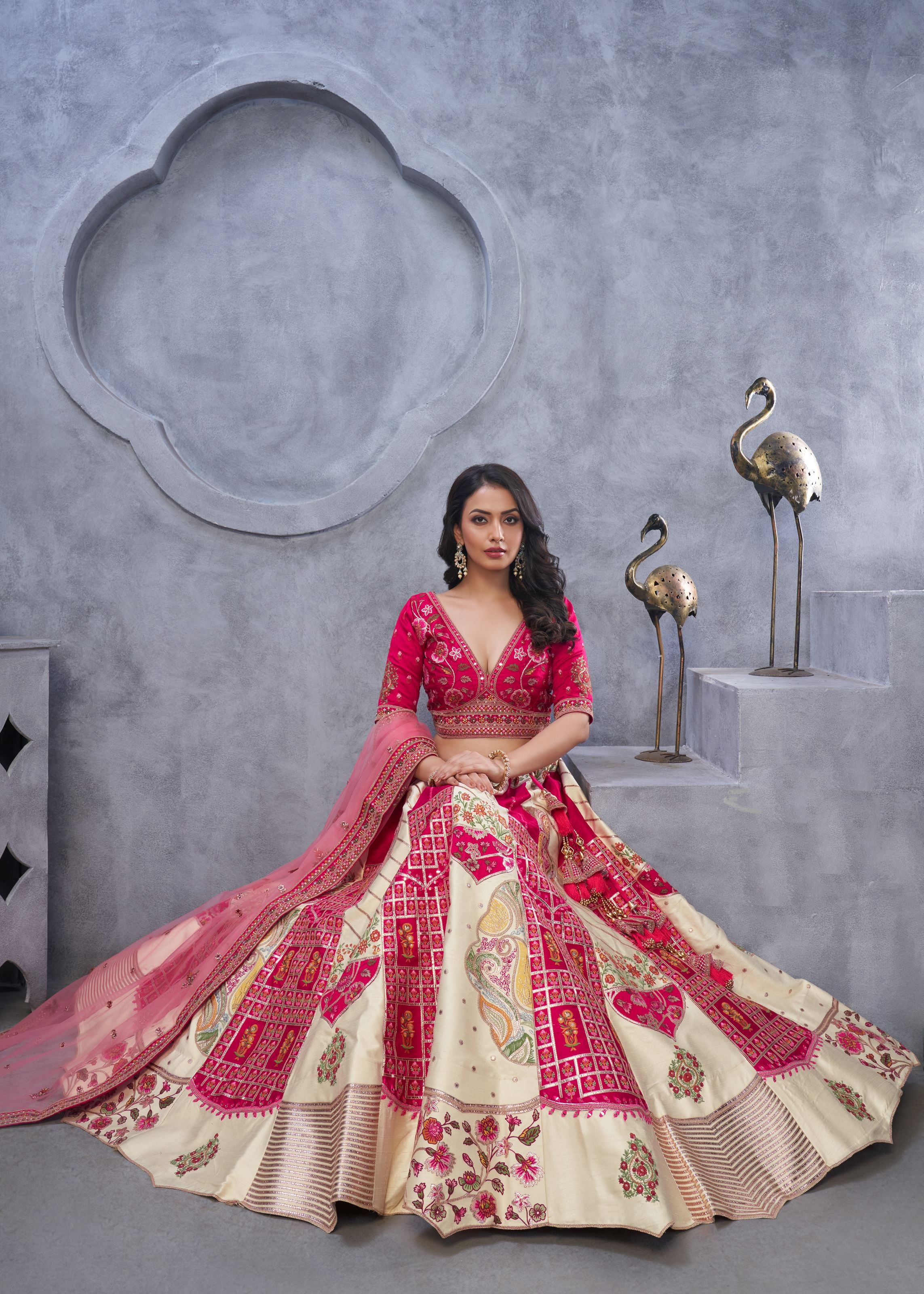 Red And White Raw Silk Lehenga Choli With Paisley Motifs And Sheer Pink Dupatta