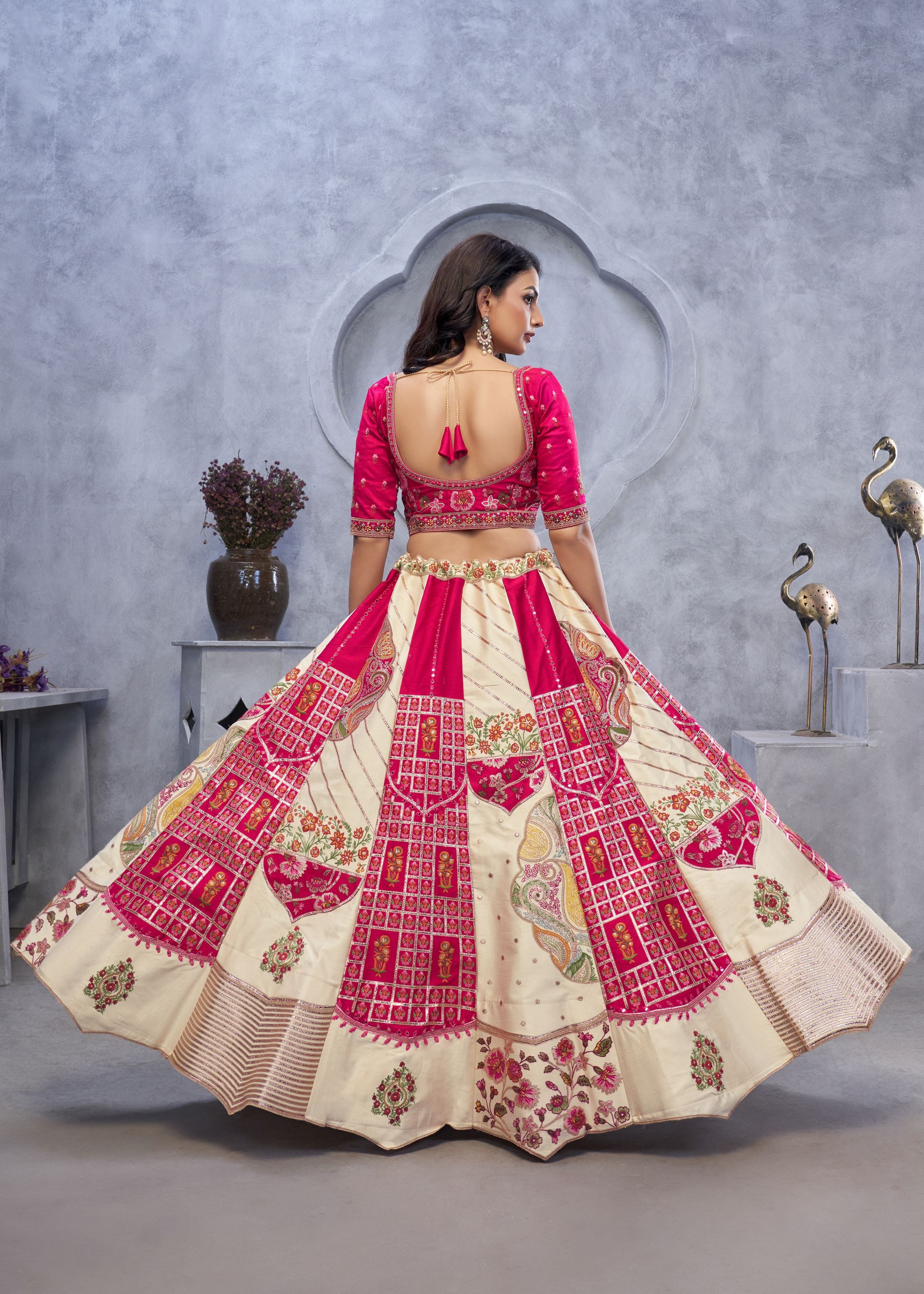 Red And White Raw Silk Lehenga Choli With Paisley Motifs And Sheer Pink Dupatta