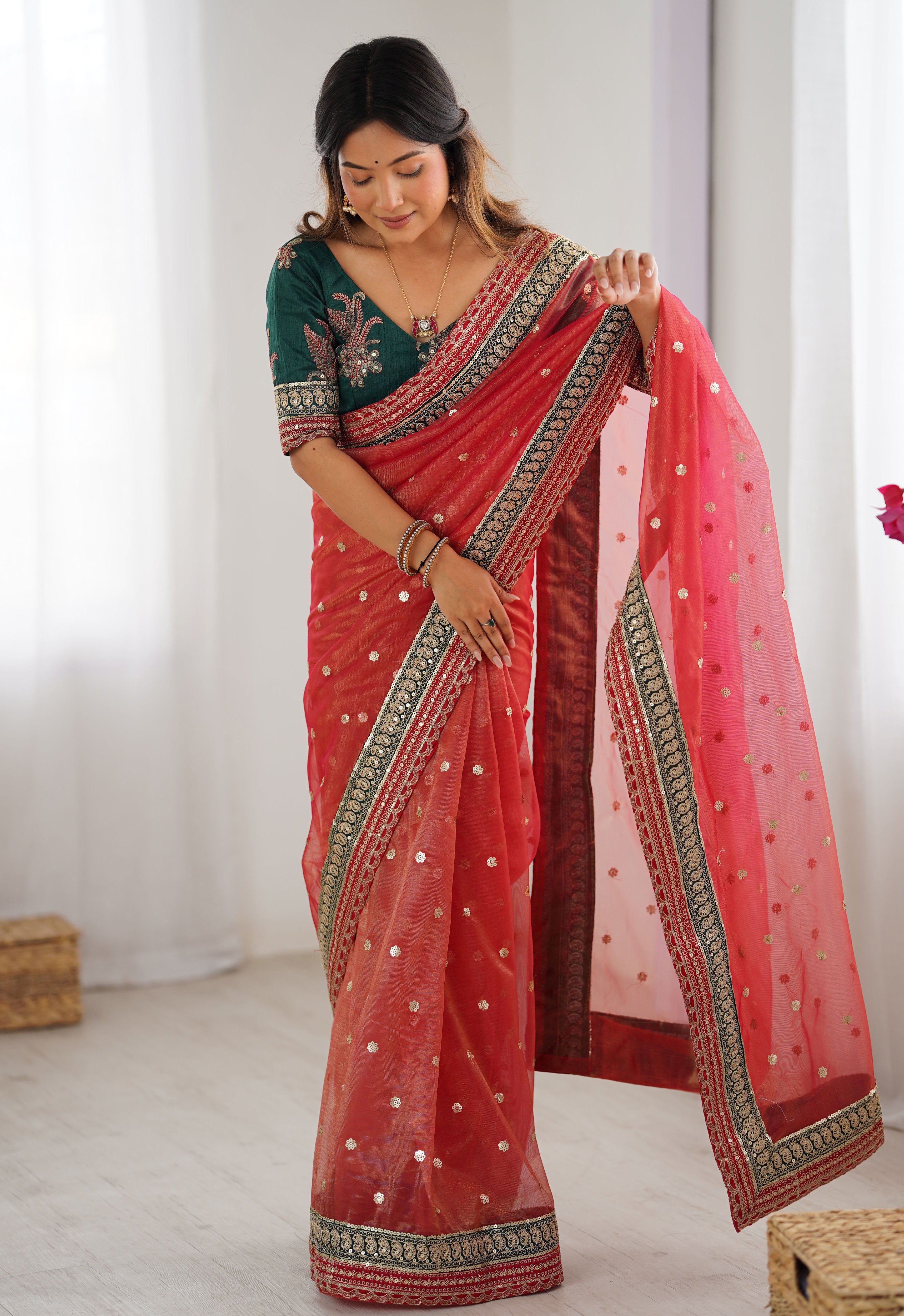 Red Banarasi Crush Saree with Rich Coding Sequins Work