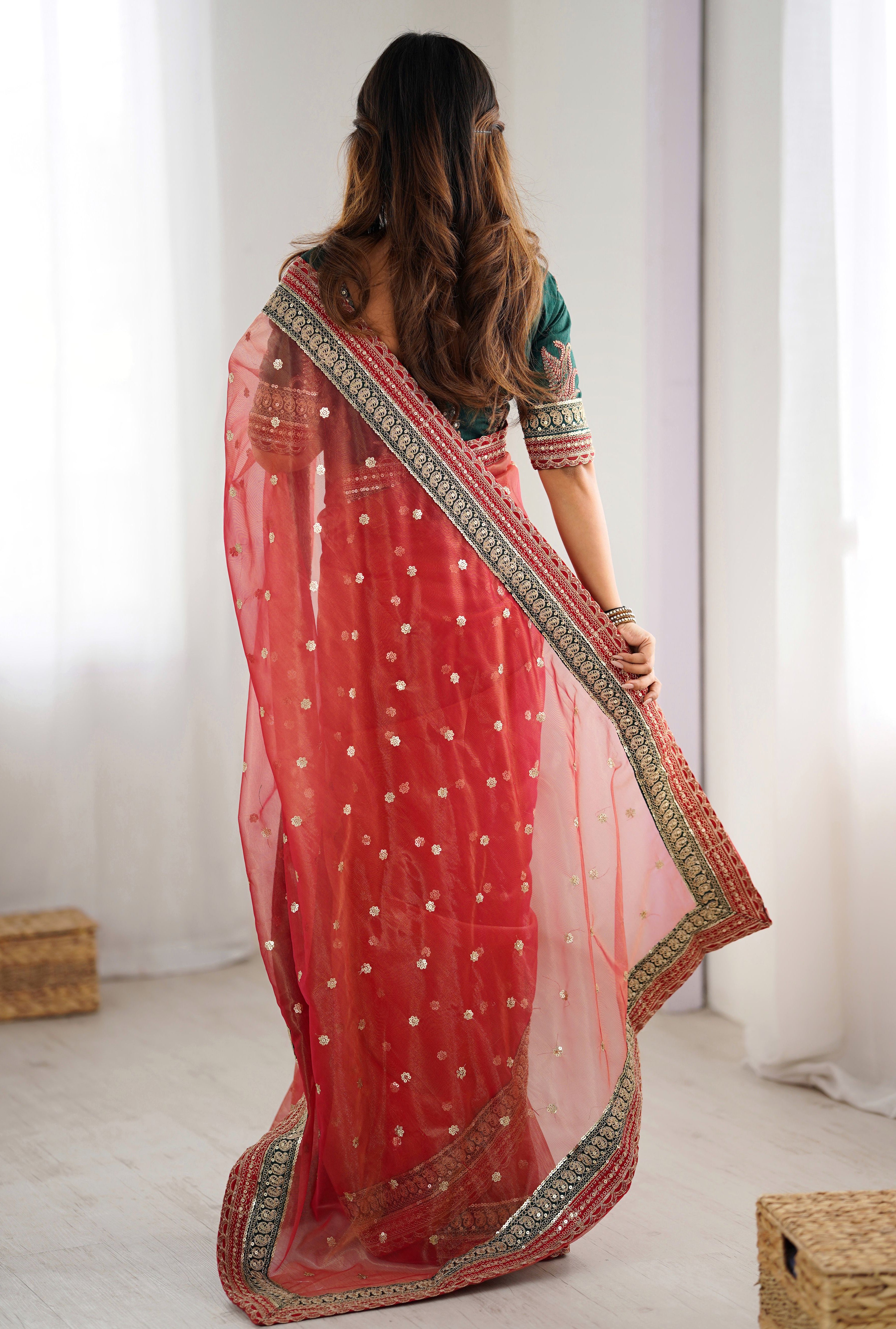 Red Banarasi Crush Saree with Rich Coding Sequins Work