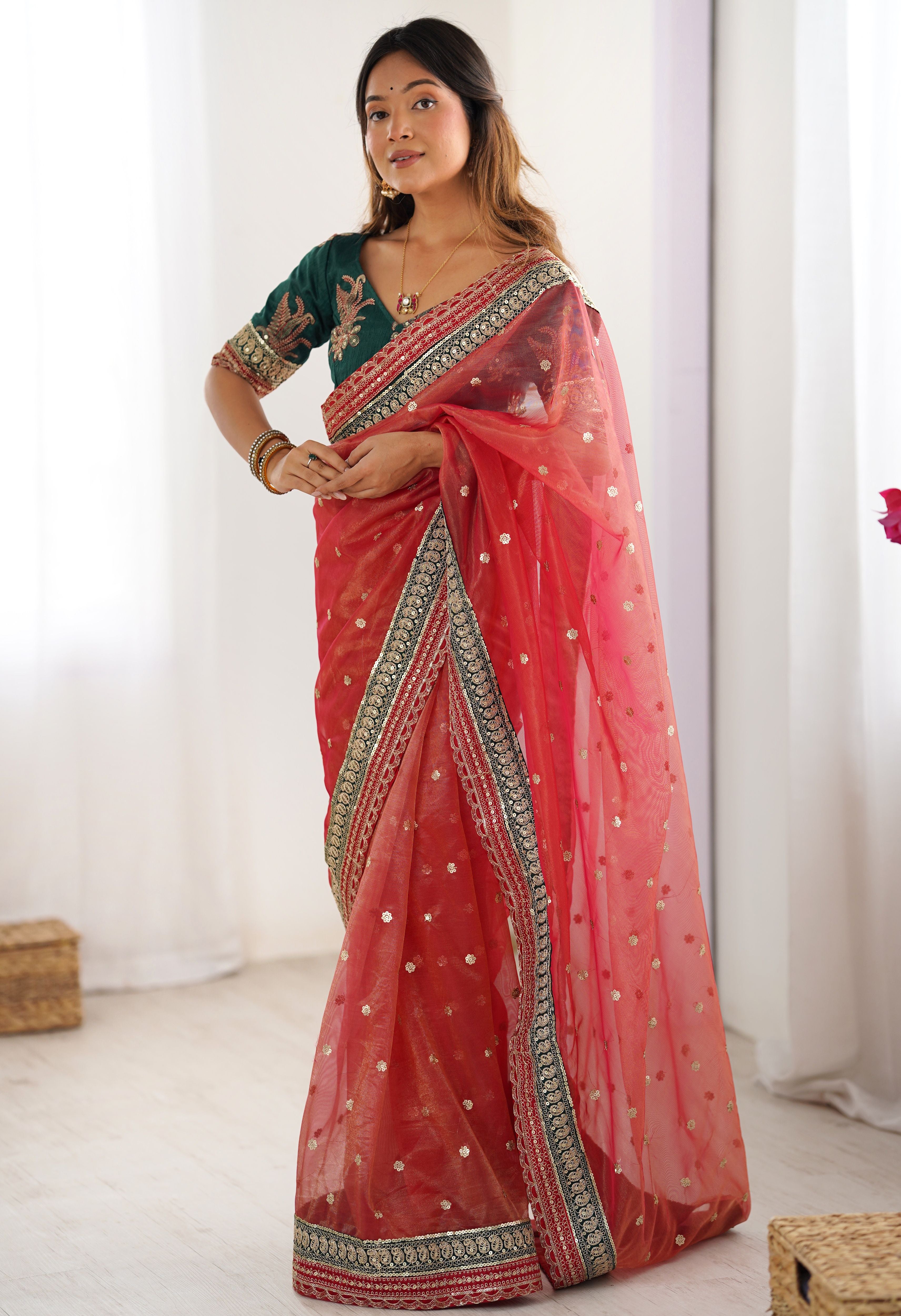 Red Banarasi Crush Saree with Rich Coding Sequins Work