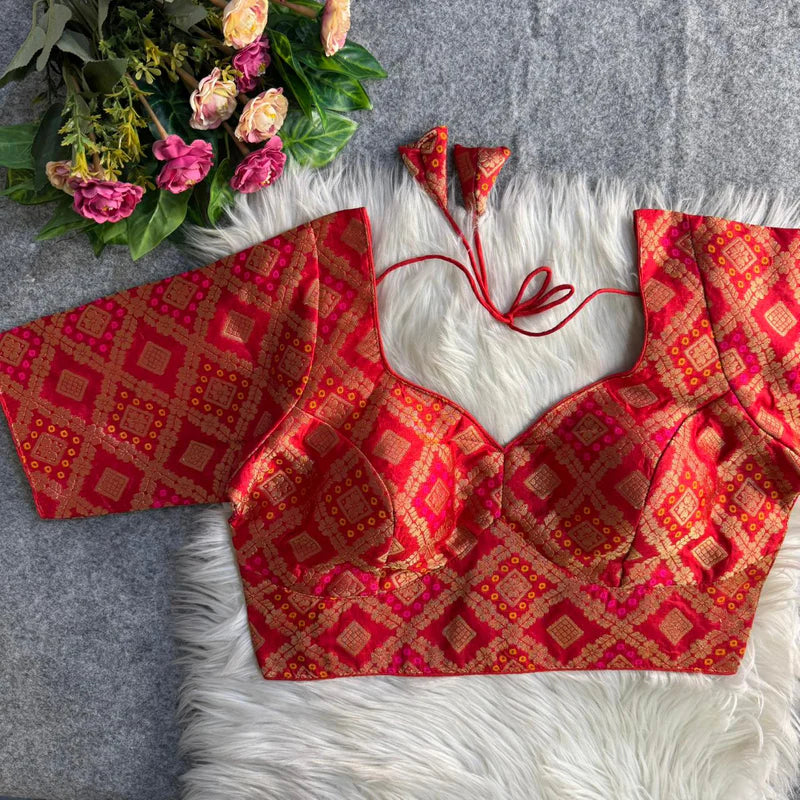 Red Banarasi Jacquard Patola Designer Blouse  Silk Partywear Readymade Blouse